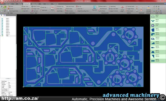 CNC software interface showing cutting paths for a metal sheet, with various geometric shapes outlined in blue and green. Logo of "advanced machinery" in the corner.