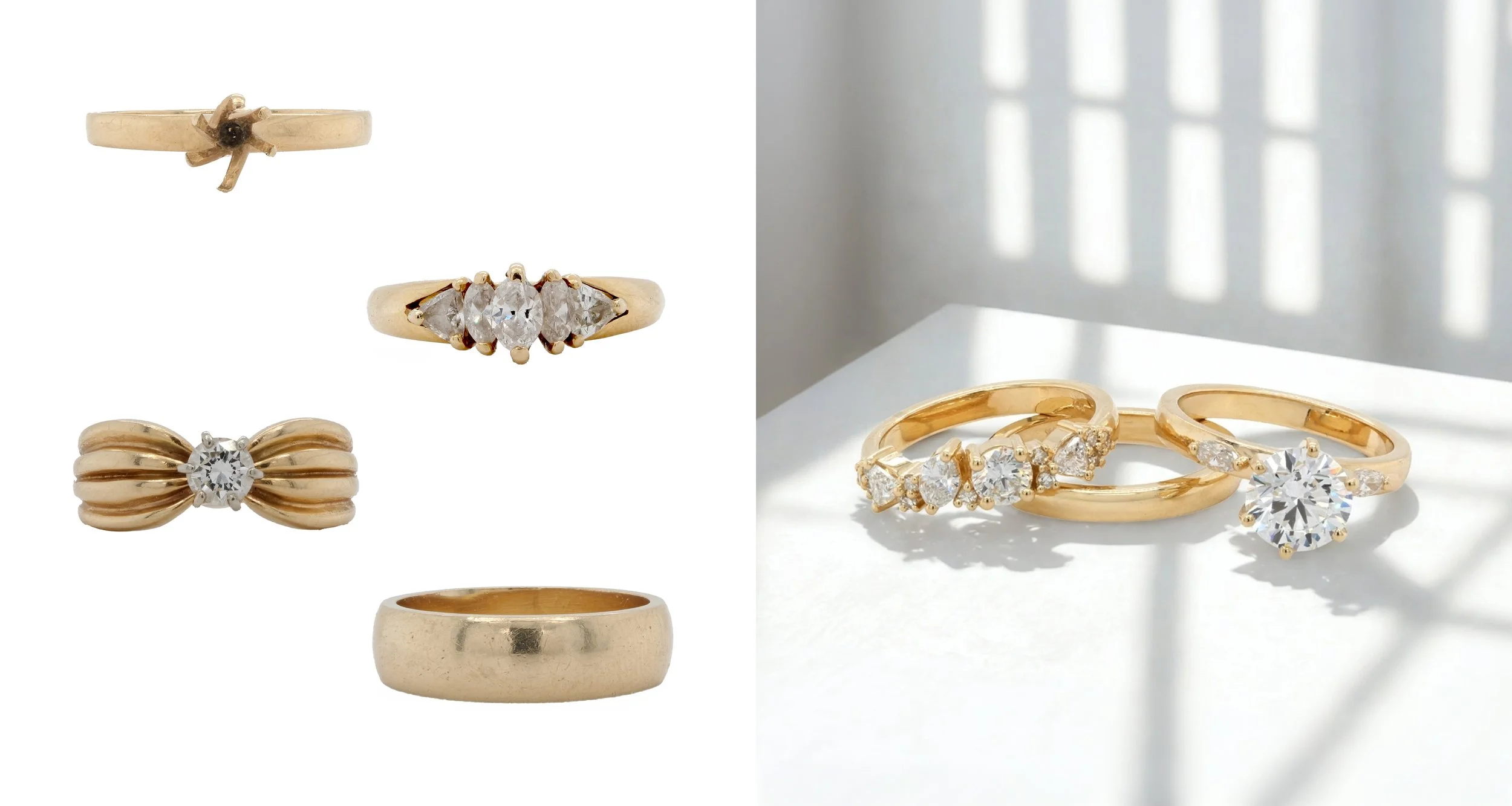 Utilizing the gold to make a plain band, and the diamonds from the original settings, we modernized the look of this new wedding set. 