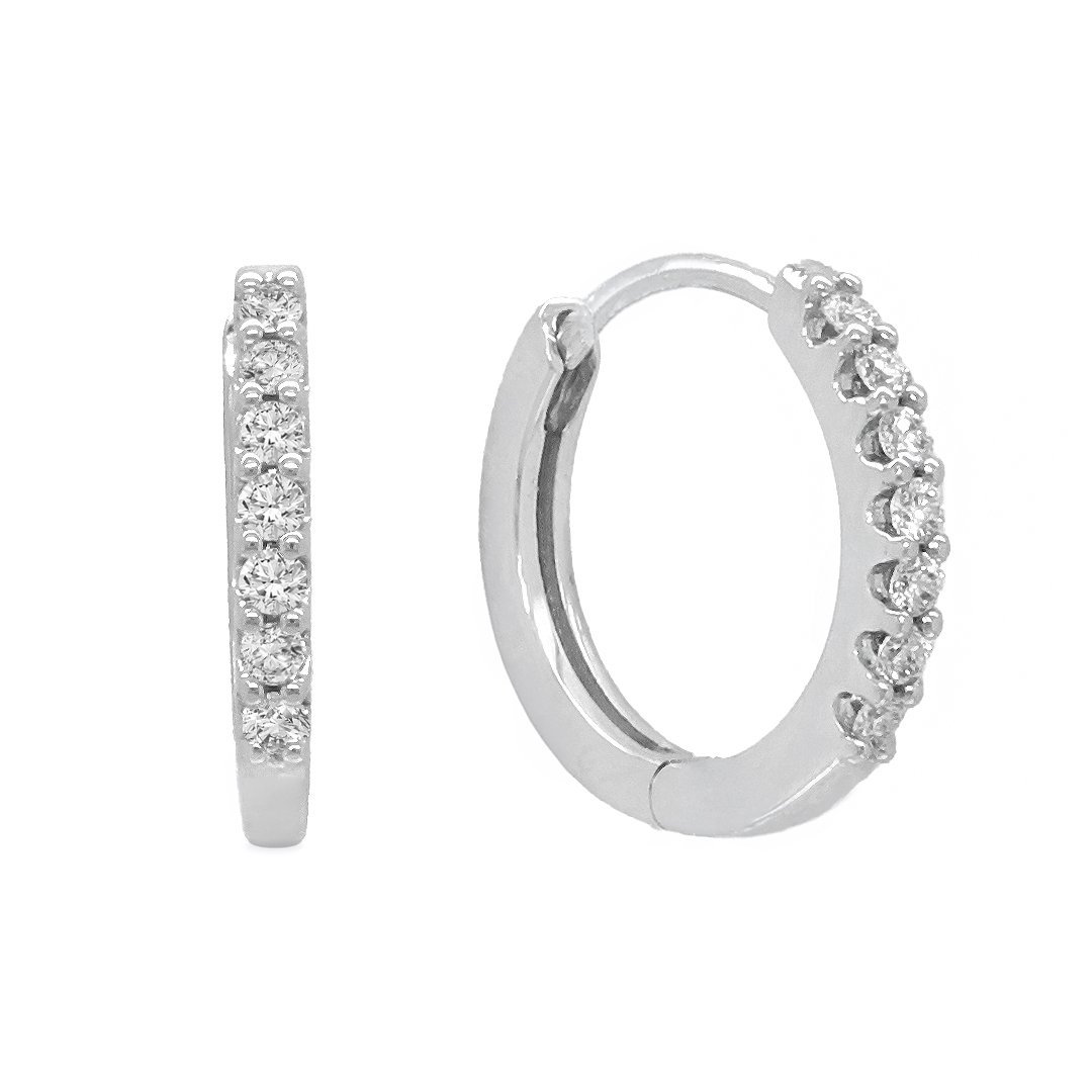 14k White Gold Diamond Huggie Hoop Earrings