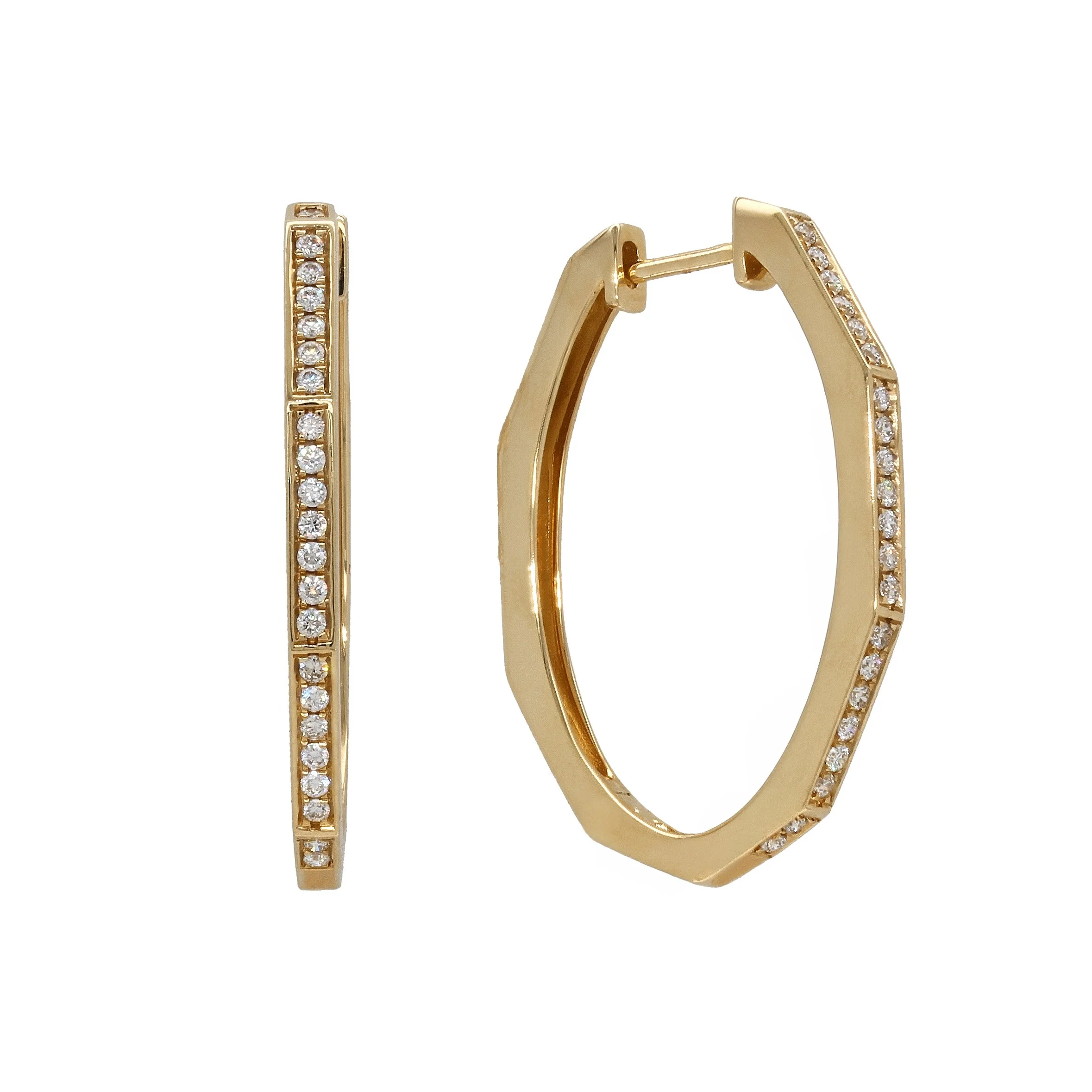 14k Yellow Gold Diamond Octagonal Hoop Earrings