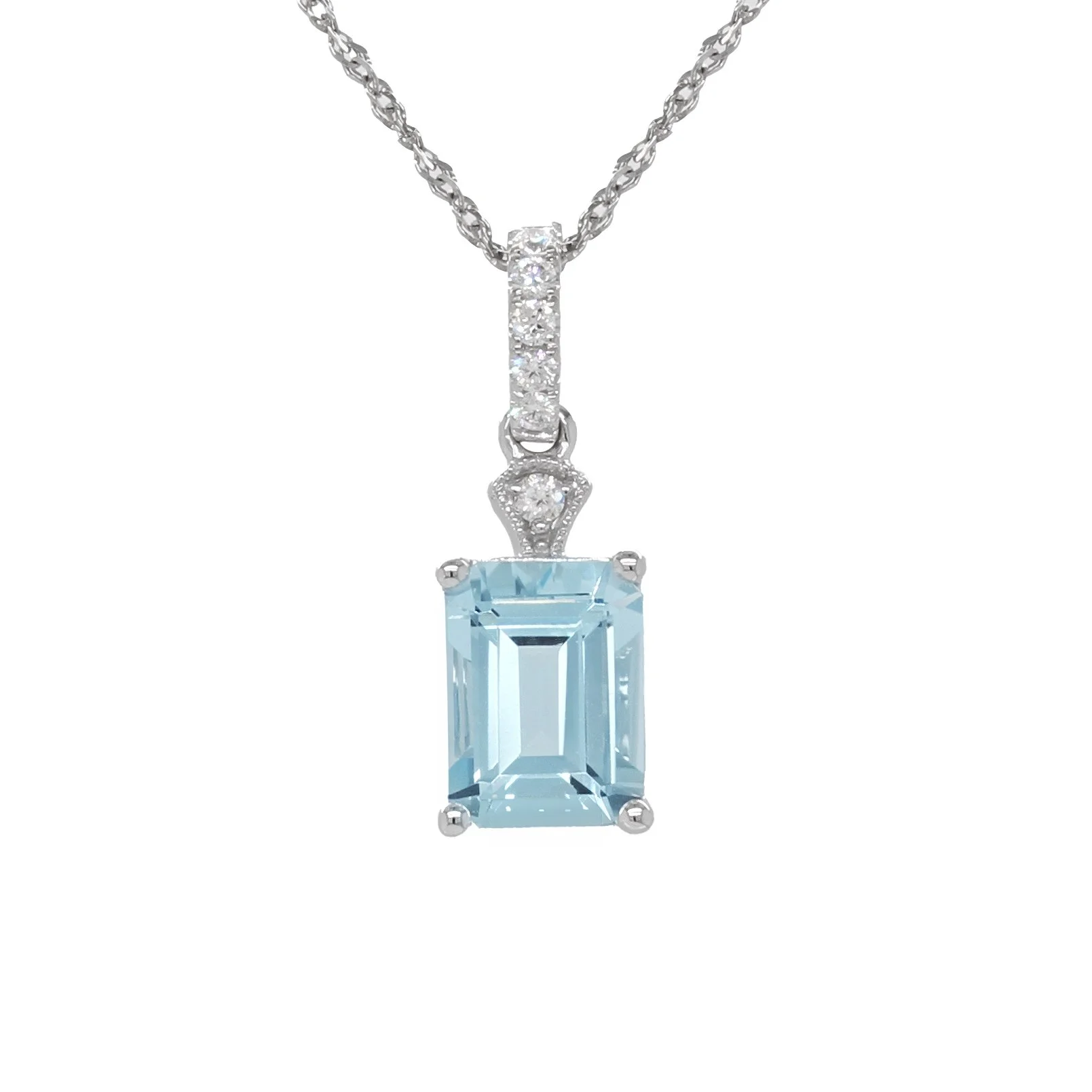 White Gold Emerald Cut Aquamarine Pendant with Diamond Accents