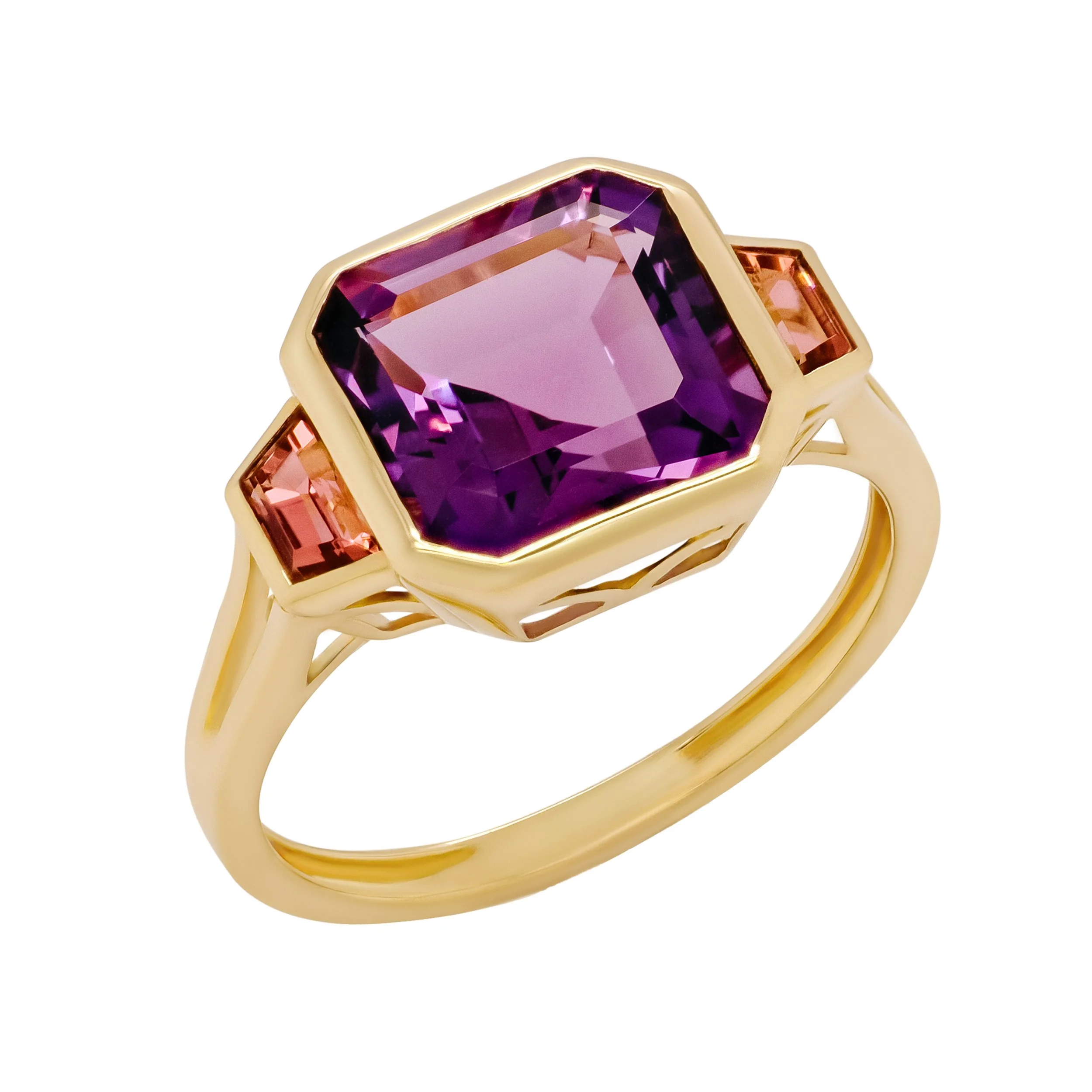 Amethyst and Pink Tourmaline Three Stone Ring