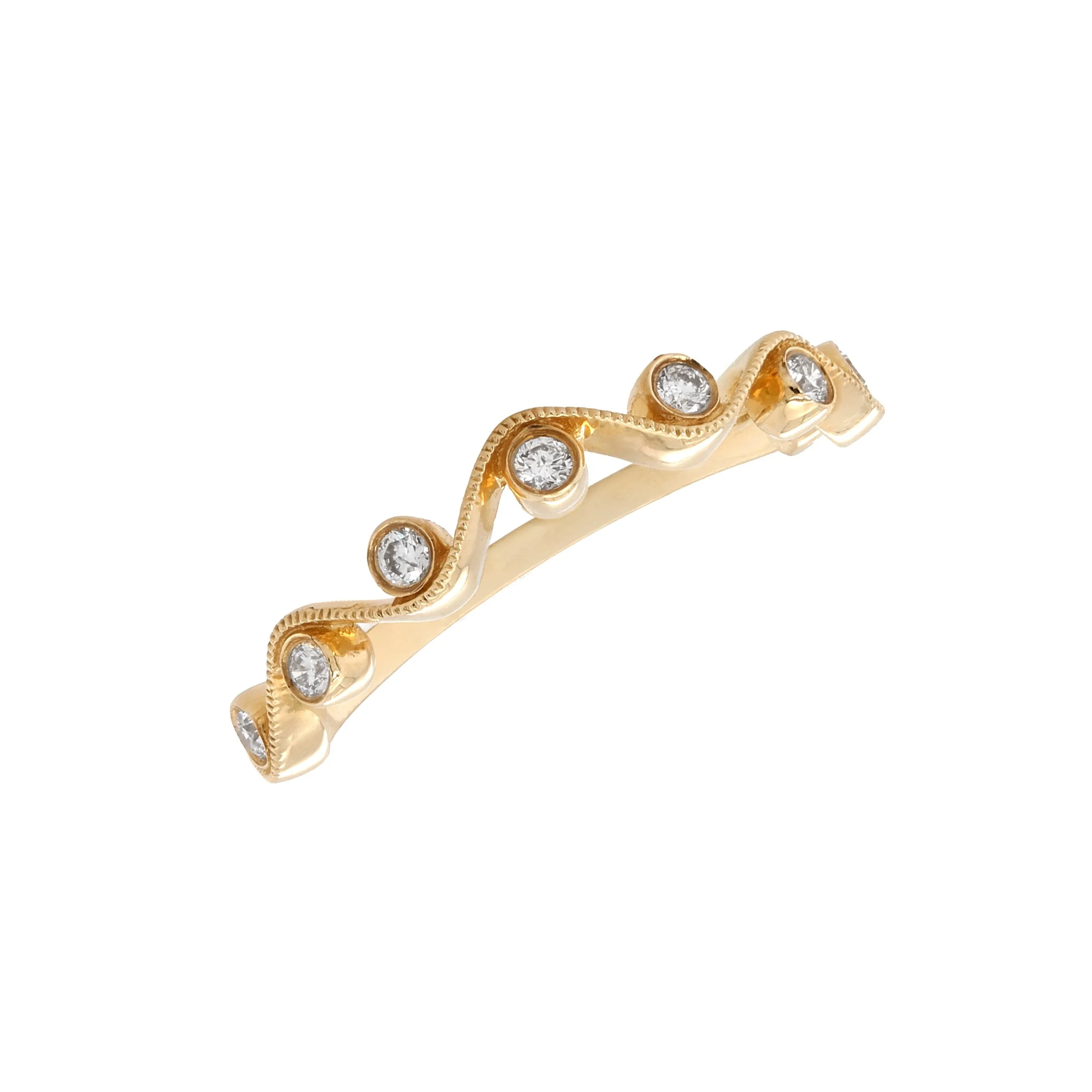 14K Yellow Gold Milgrain Diamond Wave Band