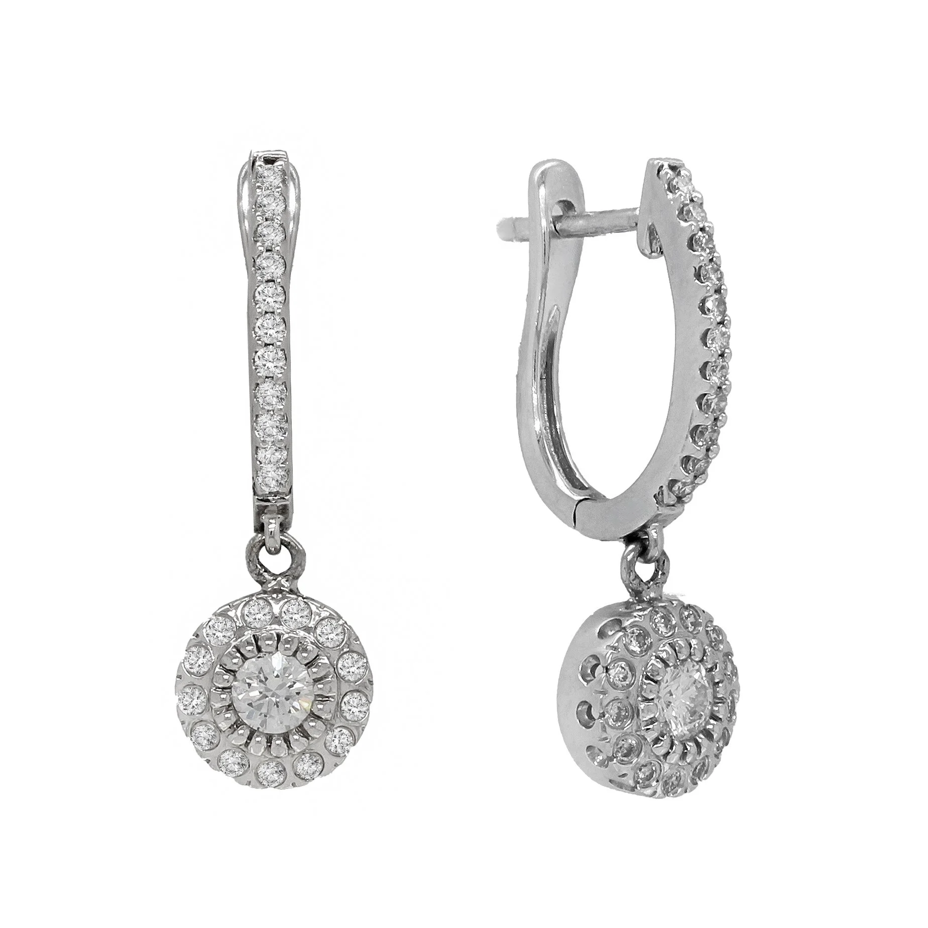 14k White Gold Diamond Halo Dangle Earrings