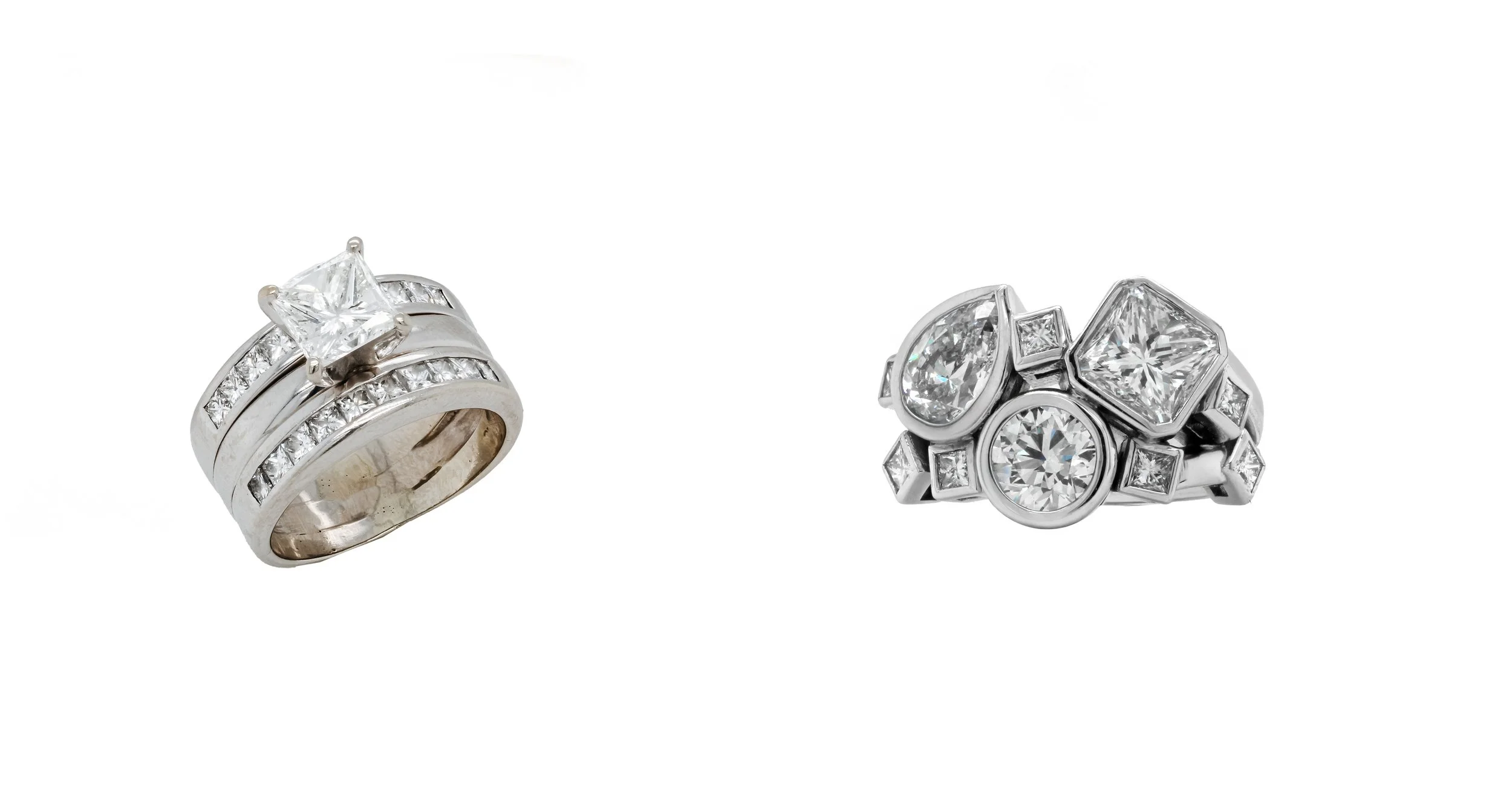 Using the original center diamond as the foundation, this redesign was about creating a true one-and-done ring—something bold, intentional, and far from traditional. By upgrading the set with an added round brilliant and pear-shaped diamond, the ring