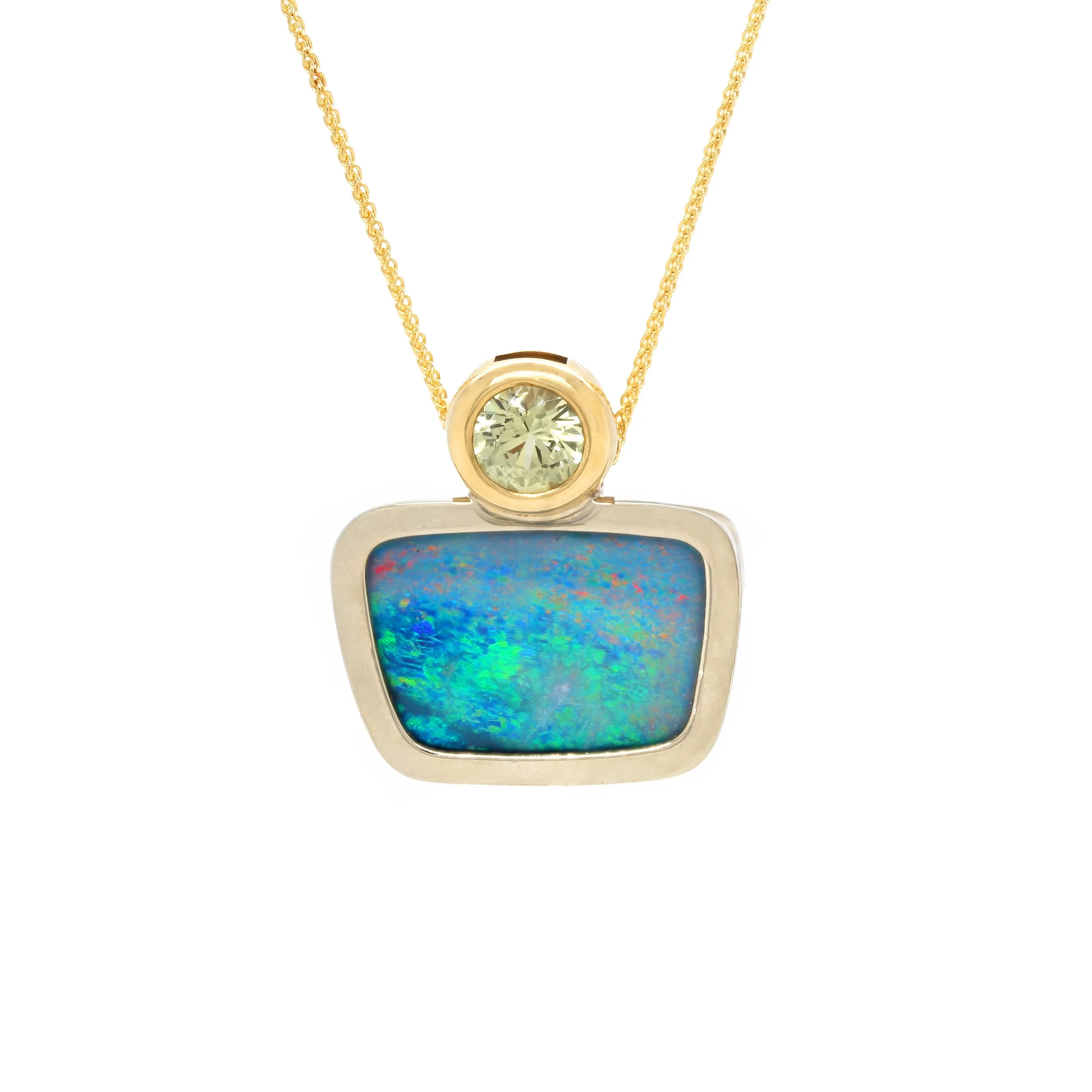 One-of-a-Kind Australian Opal and Chrysoberyl Yellow and White Gold Pendant