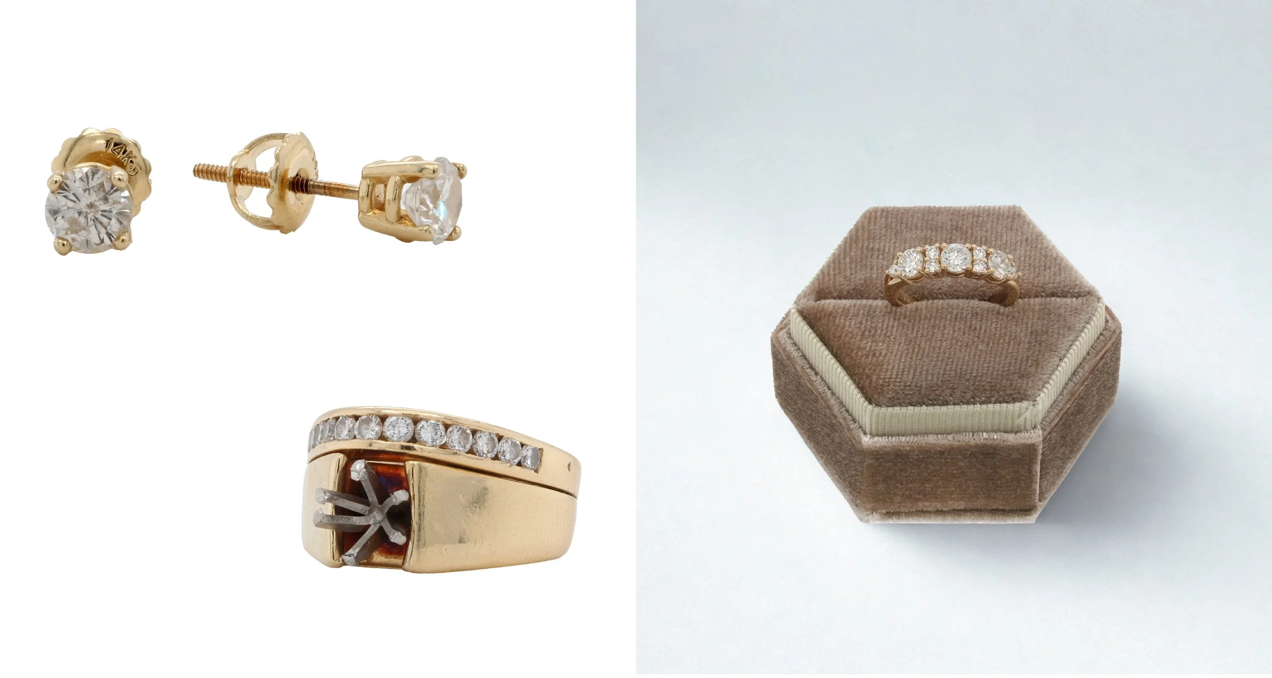 Using diamonds from the client’s earrings and wedding band, along with one diamond supplied by us, we created a beautiful everyday ring with plenty of sparkle!