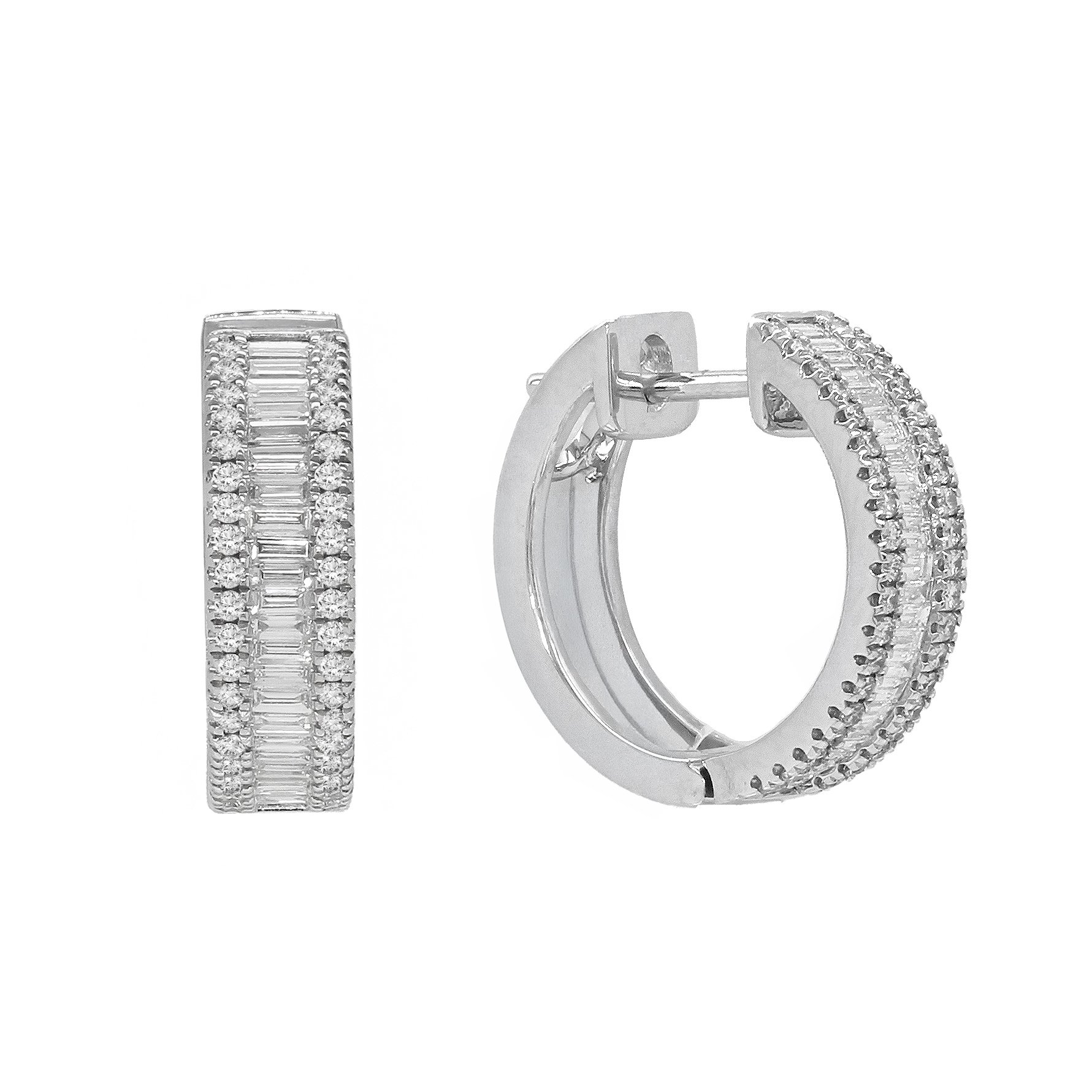 14k White Gold Round and Baguette Diamond Hoop Earrings