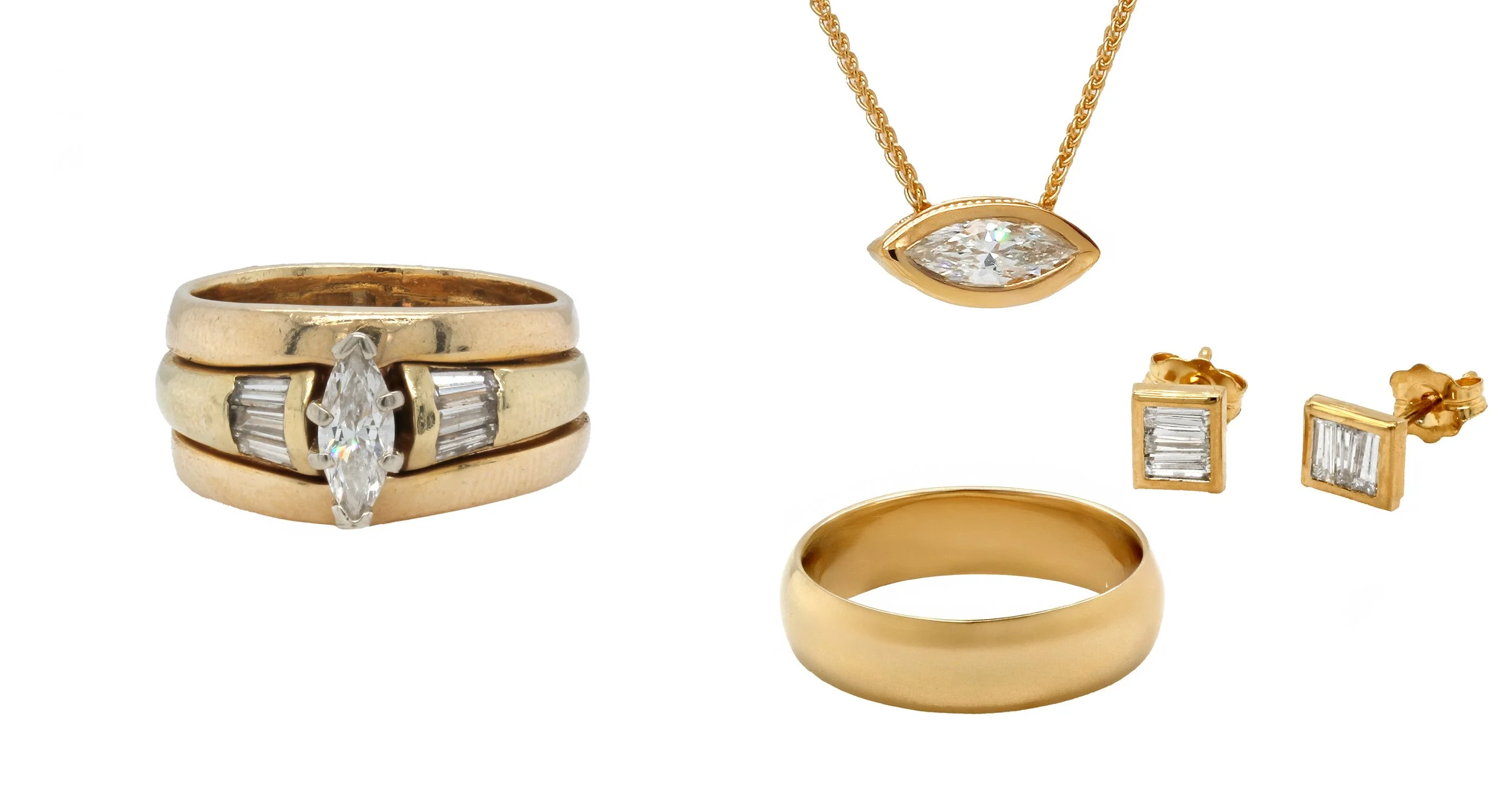 We were presented with a treasured wedding set and our client decided it was time for a fresh start. Rather than tuck the original away, we reimagined the diamonds into jewelry she can wear every day.

Her center diamond became a timeless pendant. We