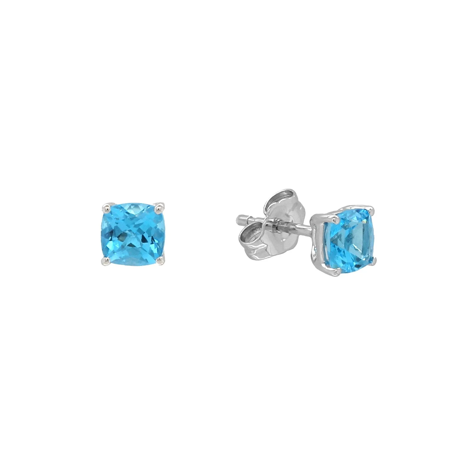 14K White Gold Cushion Cut Blue Topaz Stud Earrings