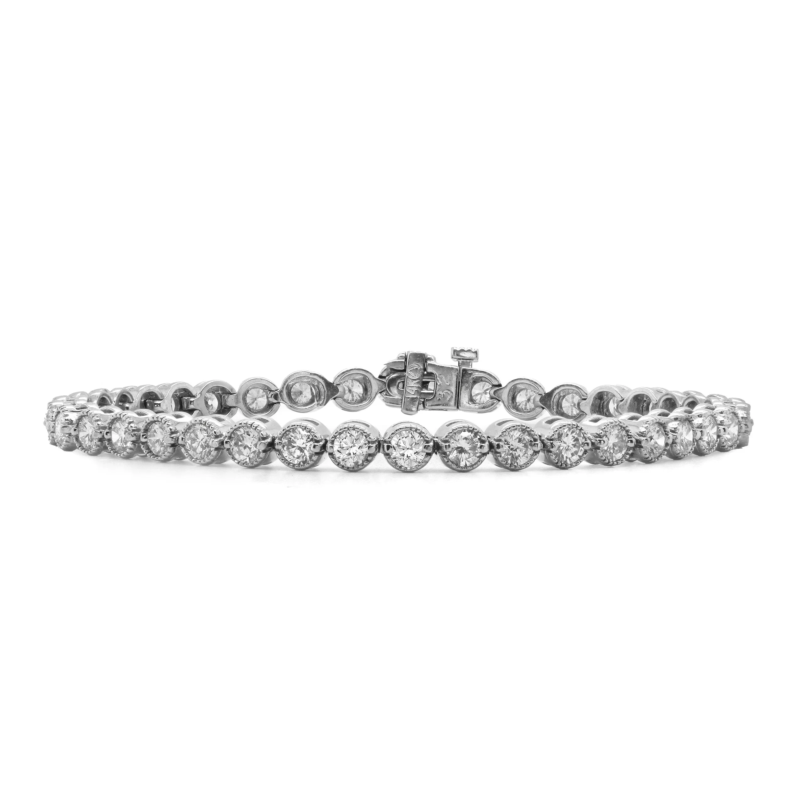 14k White Gold Bezel Set, Milgrain Detailed, Diamond Tennis Bracelet
