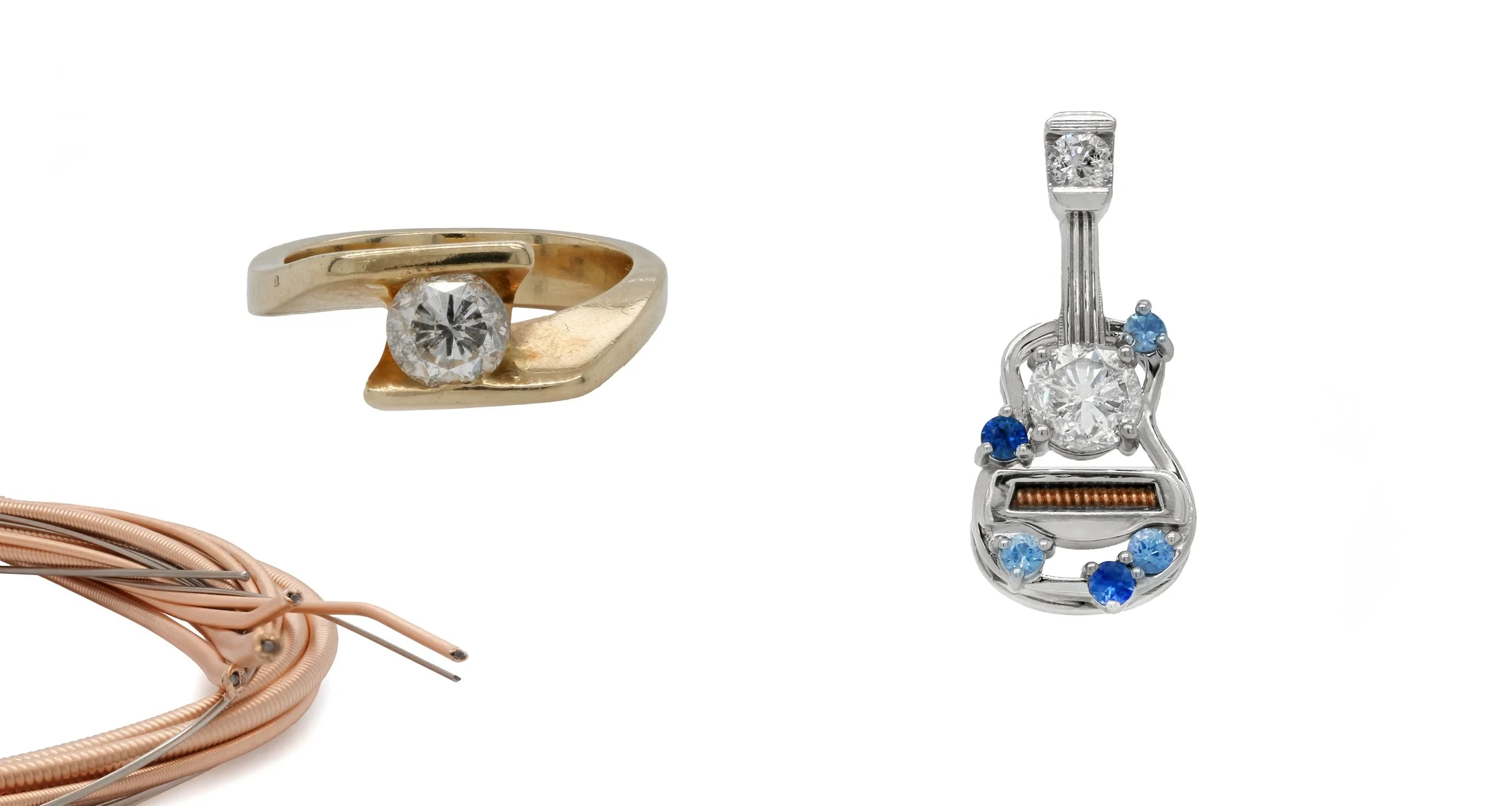 Our luthier client brought in her mother’s diamonds along with a piece of her own guitar string. We designed a custom guitar pendant centered around the primary diamond as the sound hole, accented with cascading blue sapphires, and carefully inlaid a