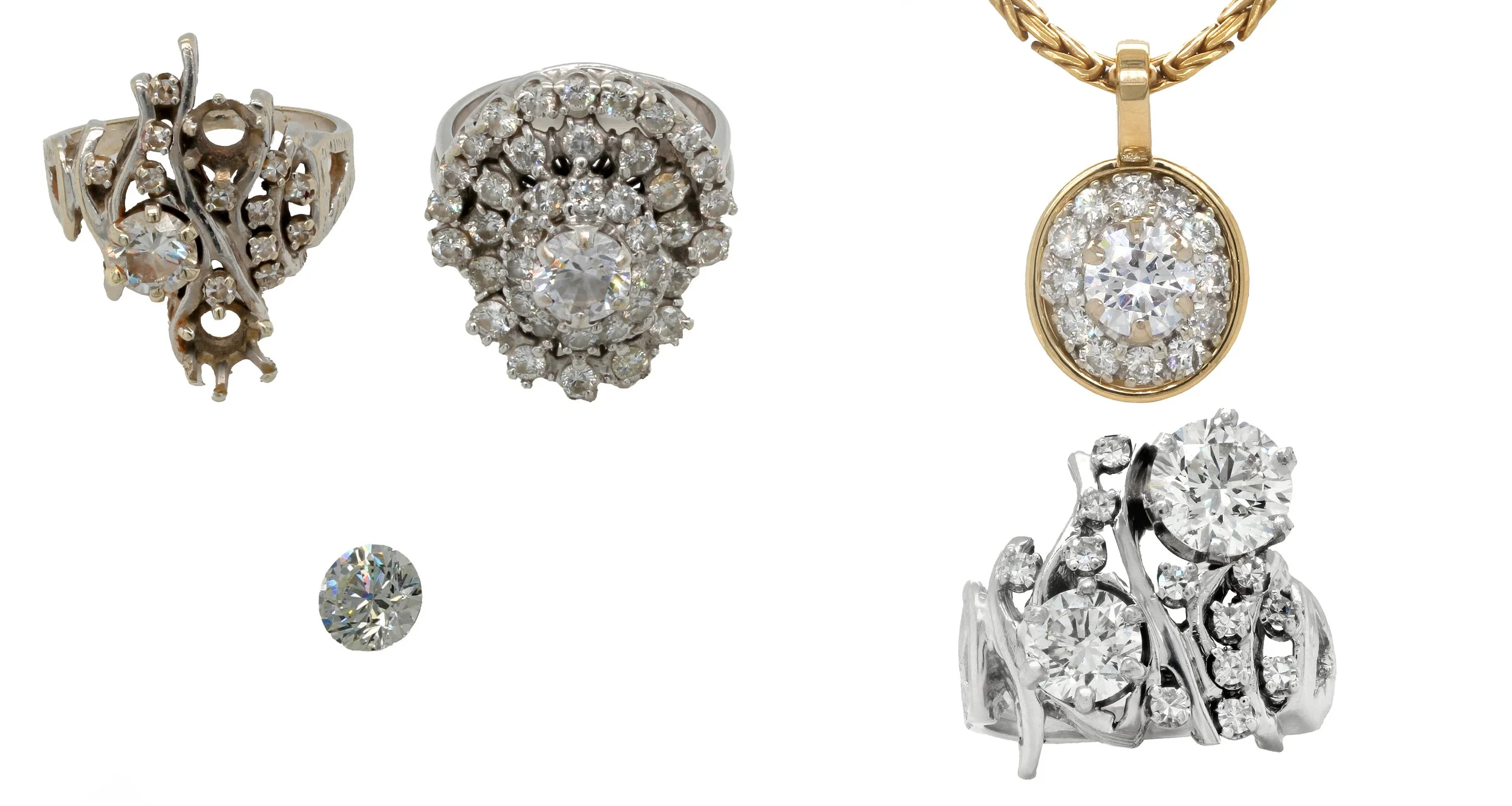 Before on the left. This project began with two inherited rings—each meaningful, but neither quite wearable in their original form. The halo section came from a separate ring and was carefully removed, preserved, and reworked. One ring was restored a