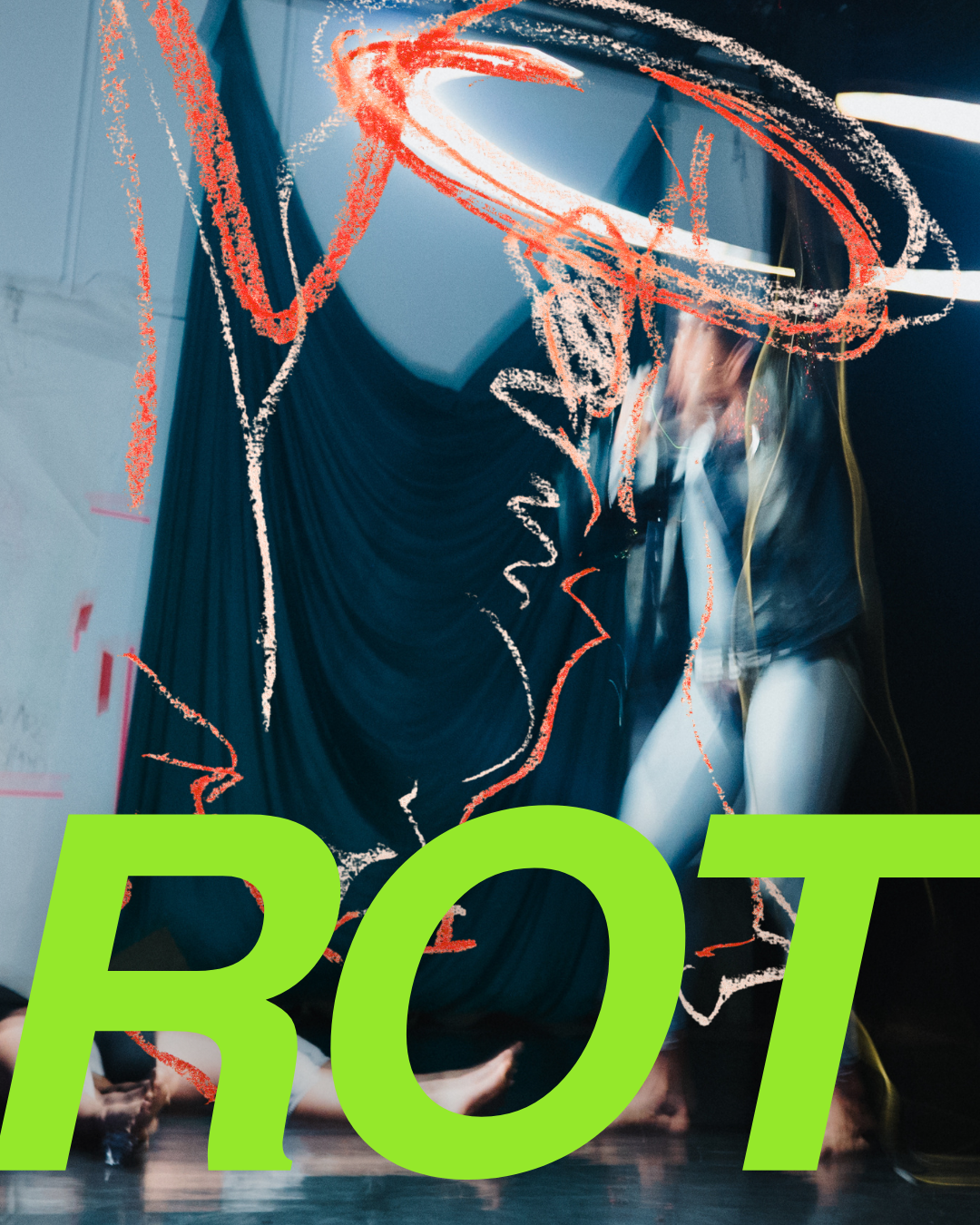 Underwater scene showing several people in black wetsuits doing a yoga pose. Light streaks and streaks of red and white paint are overlaid on the image. The word "ROT" is written in bright green text across the bottom.