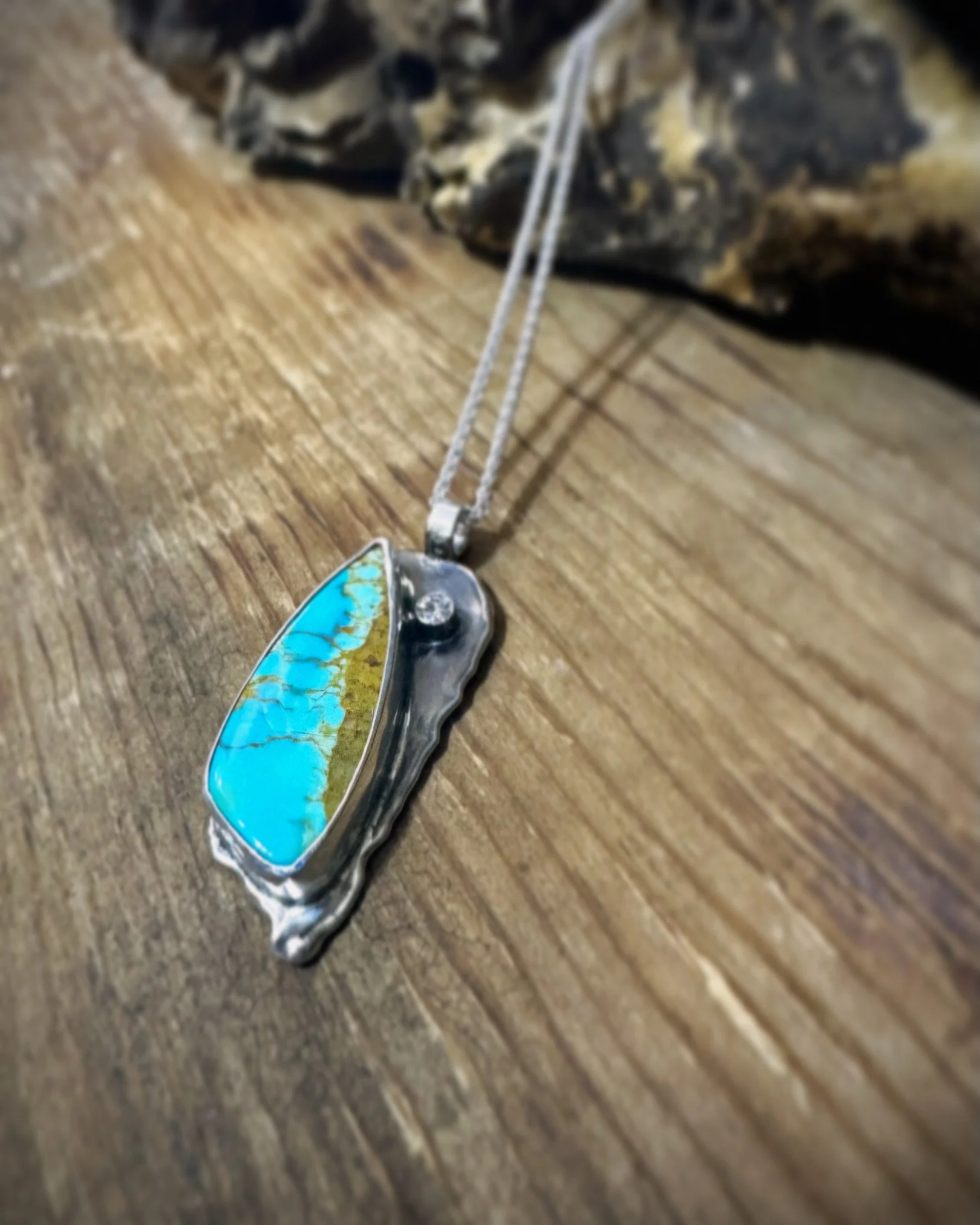 Handmade turquoise and diamond necklace using repurposed sterling silver.
