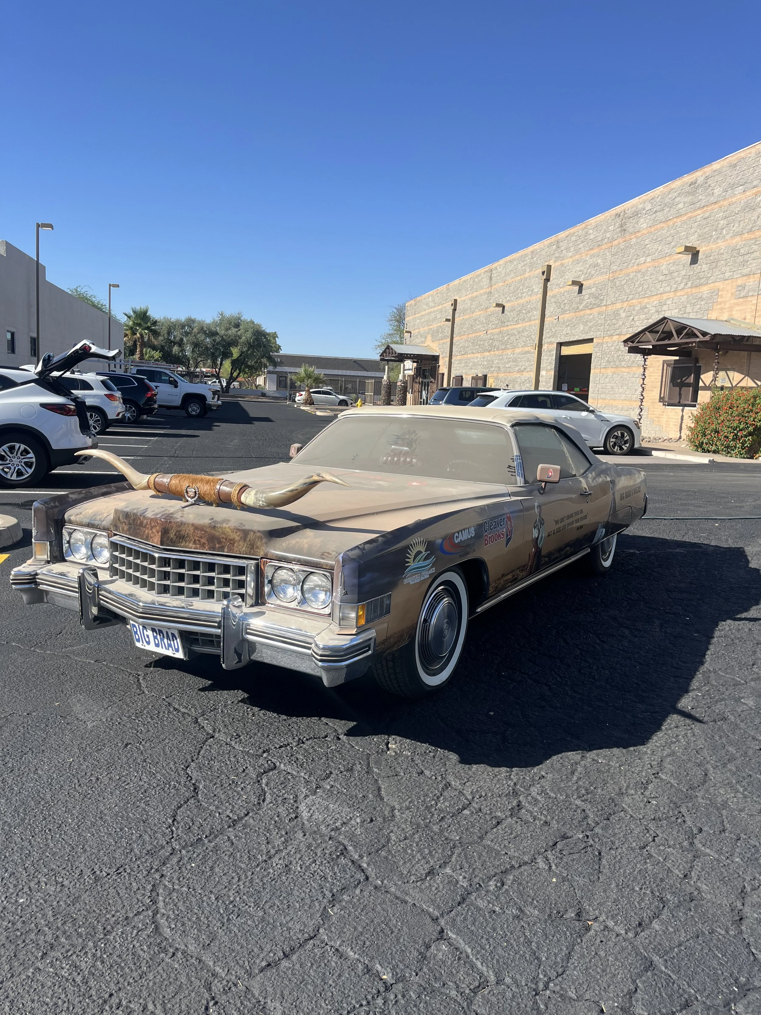 Old, dusty car with a decorative horn on the hood parked in a lot with other modern vehicles and a brick building in the background.