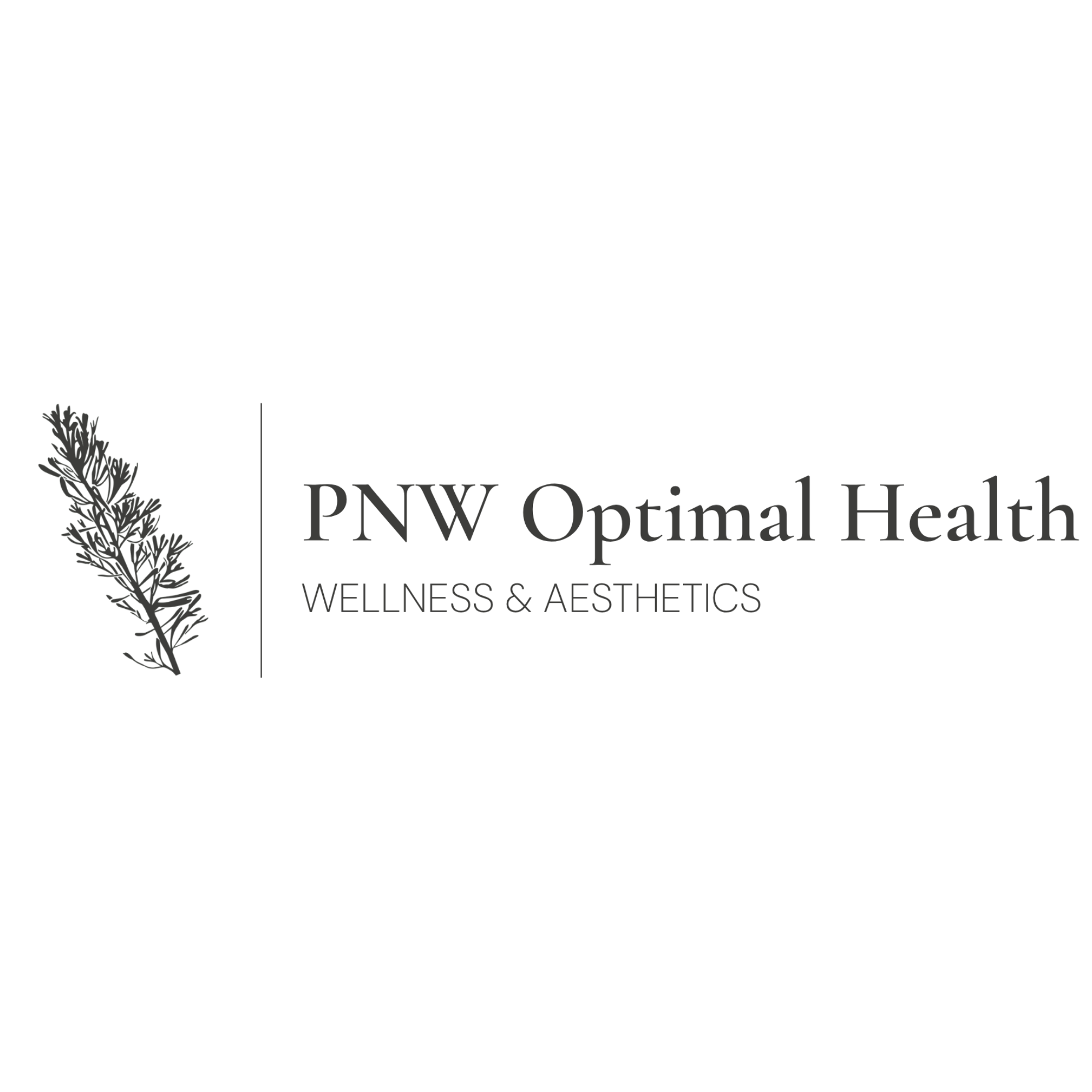Logo of NW Optimal Health, wellness and aesthetics, with a stylized plant icon, black background, and gray text.