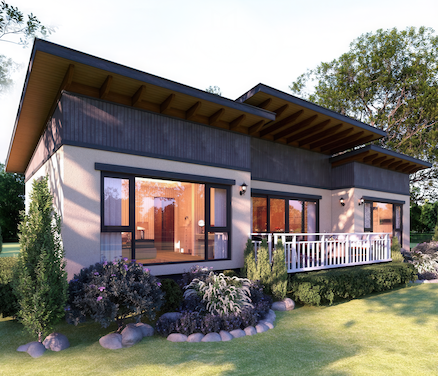 Modern house with large glass windows, a deck with a white railing, and surrounded by well-maintained bushes and trees.