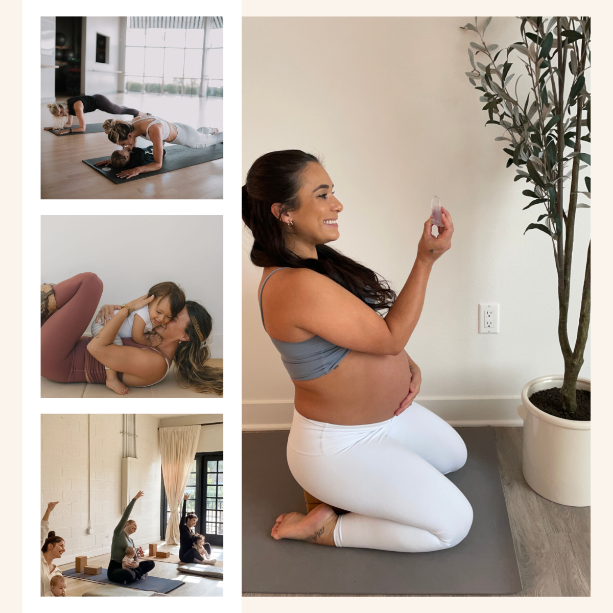 A pregnant woman practicing yoga indoors, postnatal doula support, smiling and kneeling on a yoga mat in front of a potted plant.