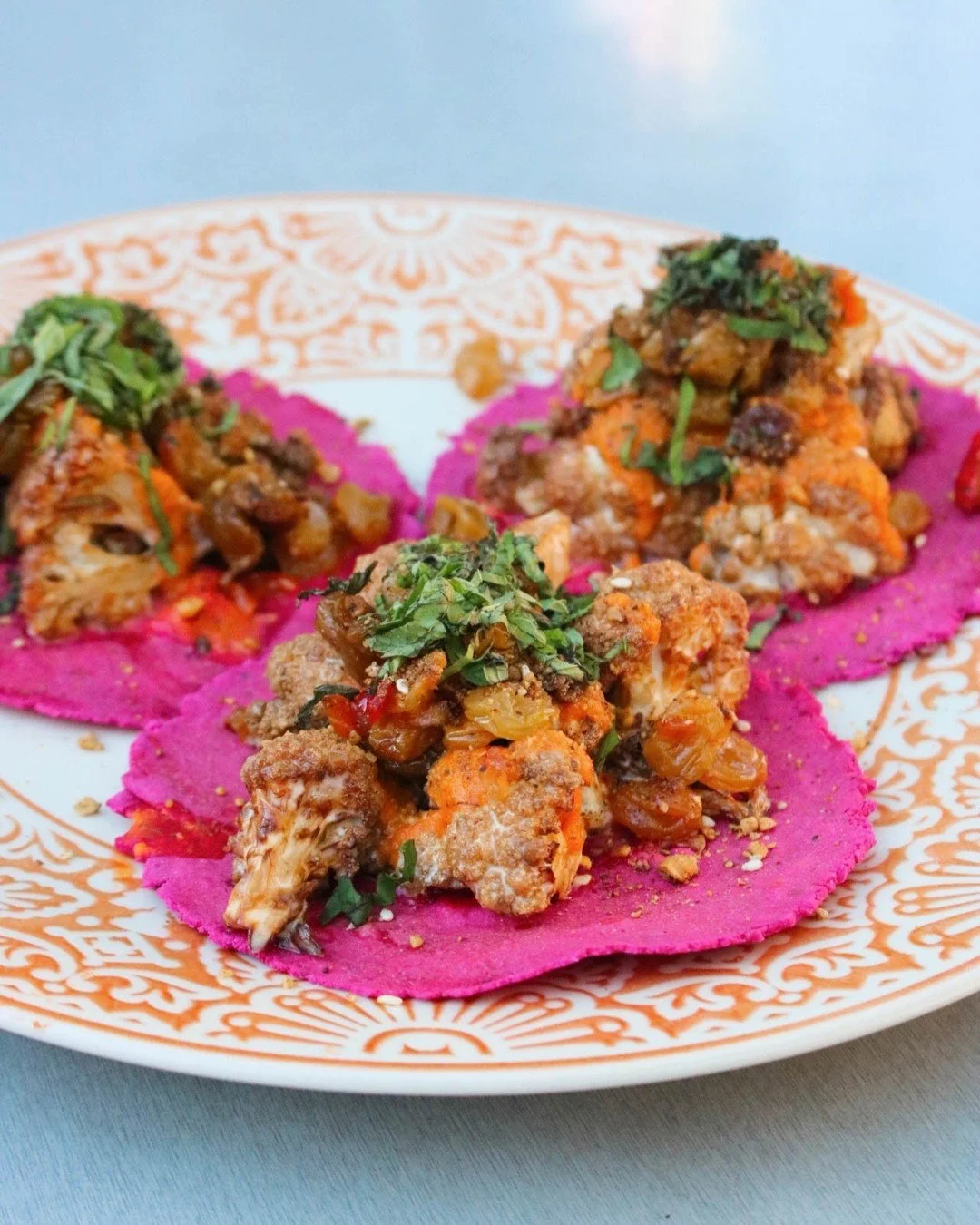 creamy tahini cauliflower, dukkah crunch, sweet pepper relish ✨ restaurant month is almost over! just over one week left to enjoy this menu, featuring guest-favorites like our Tahini Cauliflower Tacos.