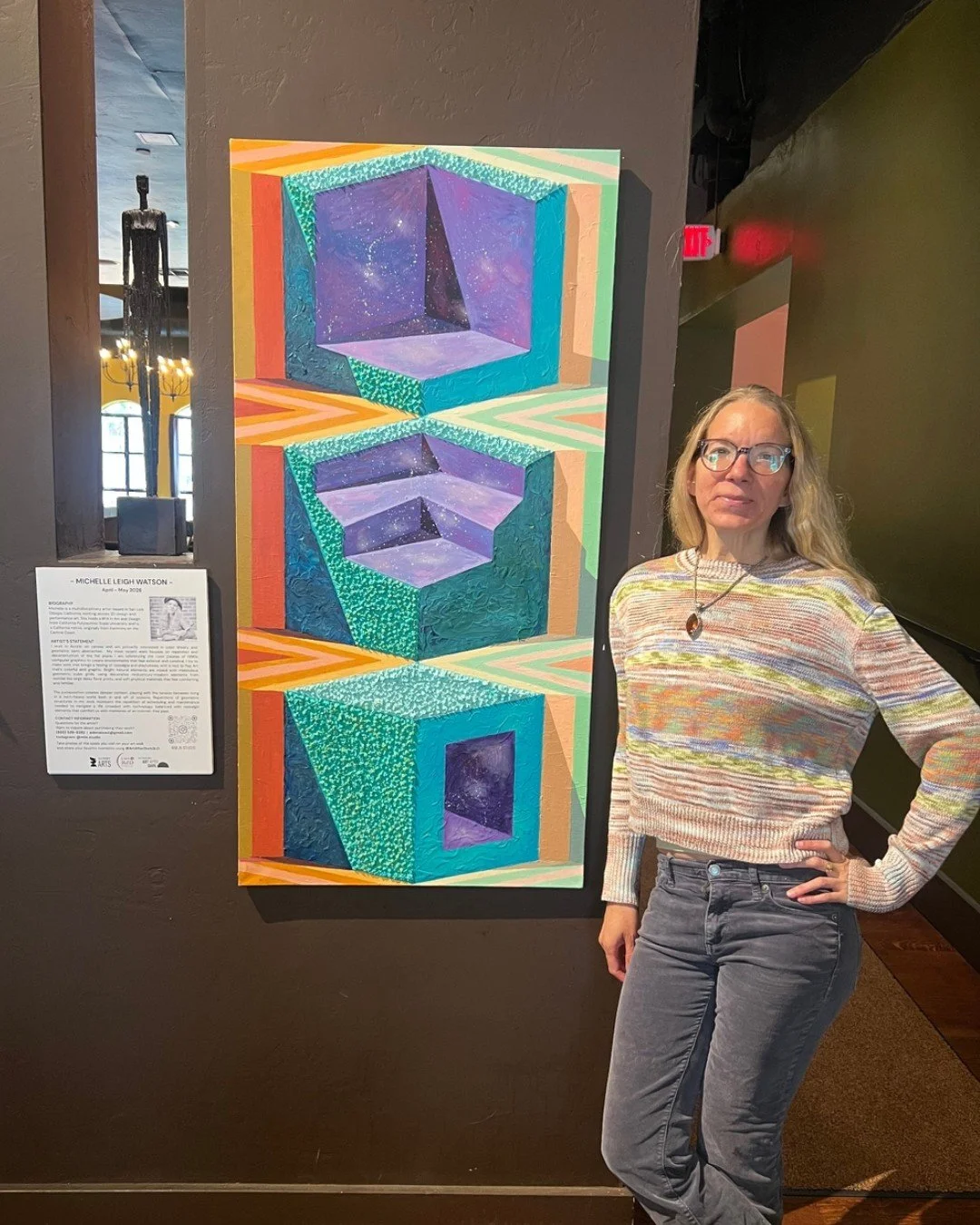 Our newest art display featuring art by SLO-based artist Michelle Leigh Watson (@mlw.studio) was installed today as we prepare for this Friday's @slocounty_arts Art After Dark. 🎨

Join us this Friday from 5pm - 8pm to view her eclectic, colorful art