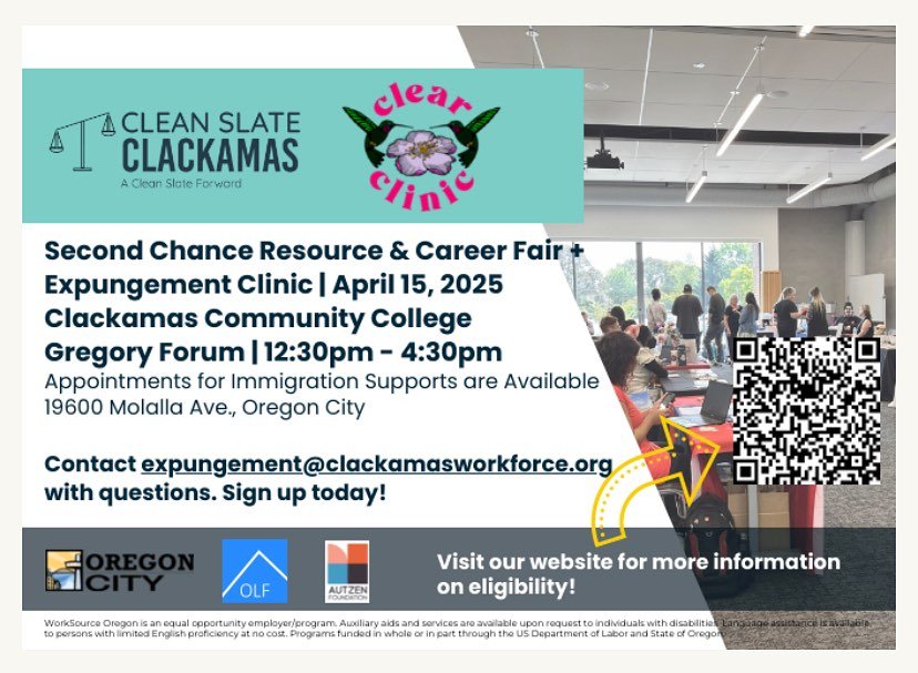 Come see us for expungements, immigration legal services enrollment, and more! Second Chance Month, April 15 12:30-4:30 at Clackamas Community College. Free us all!