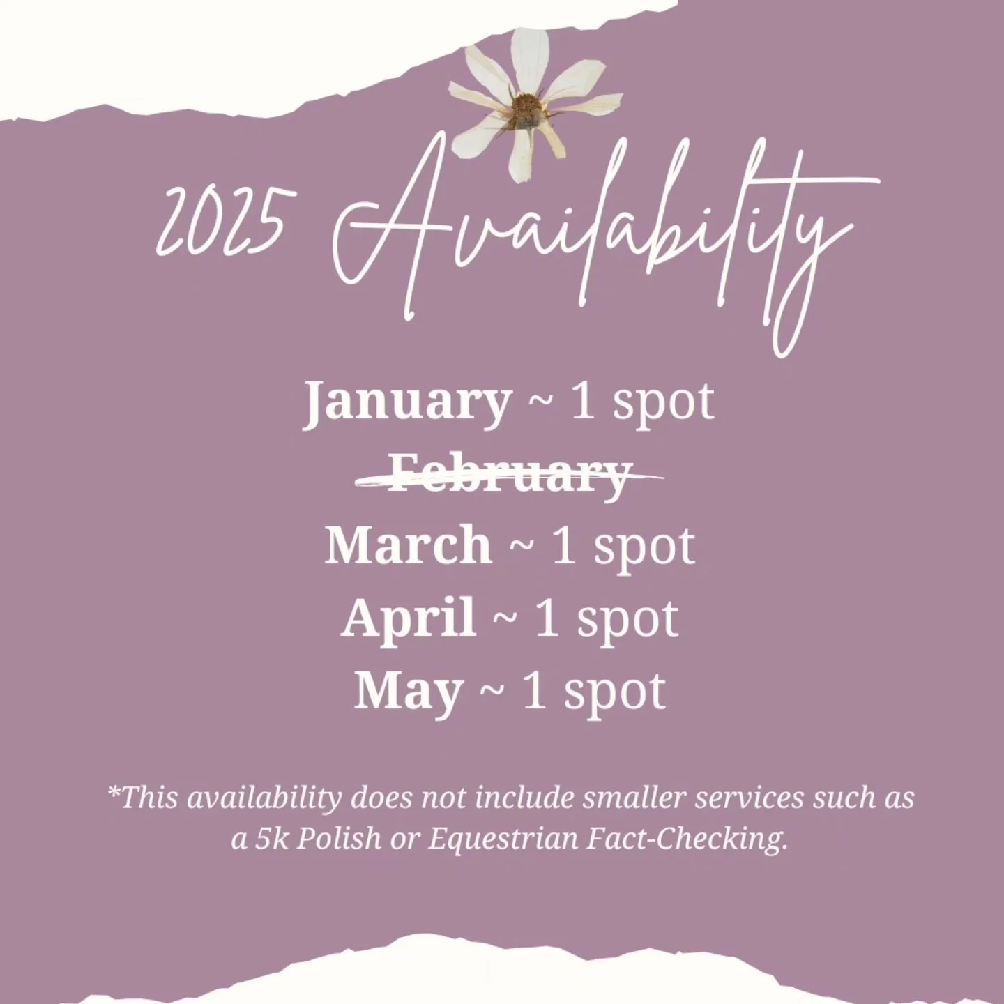 Here's a look at my availability for 2025! This is only showing my availability for larger services (such as an editing package or a full developmental edit). I should be able to fit in smaller projects like a 5k Polish or fact-checking more easily. 