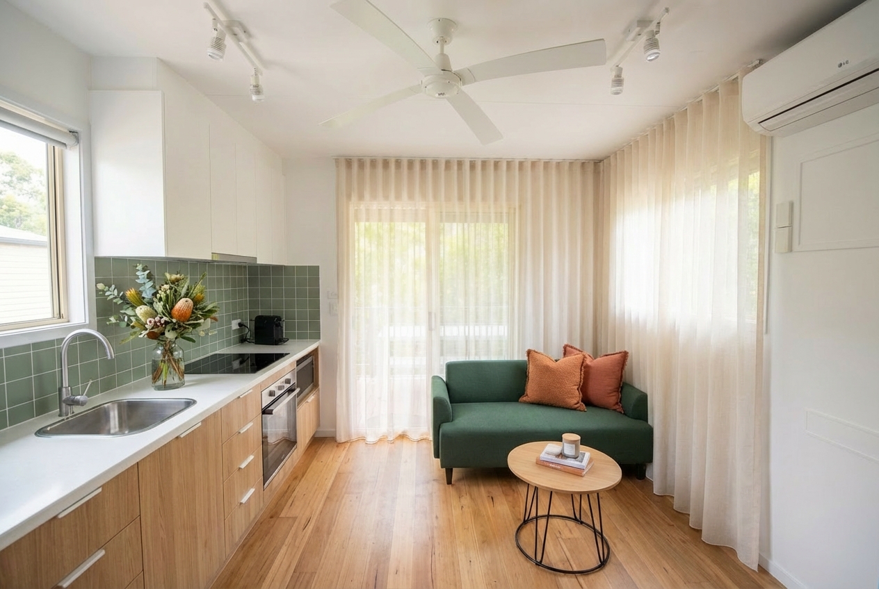 Interior of a small, modern living room and kitchen with white walls, hardwood floors, a window with blinds, a wall-mounted TV, a dining table with four chairs, a gray sofa, a small round coffee table with a plant and remote, a white fridge, and kitchen appliances.