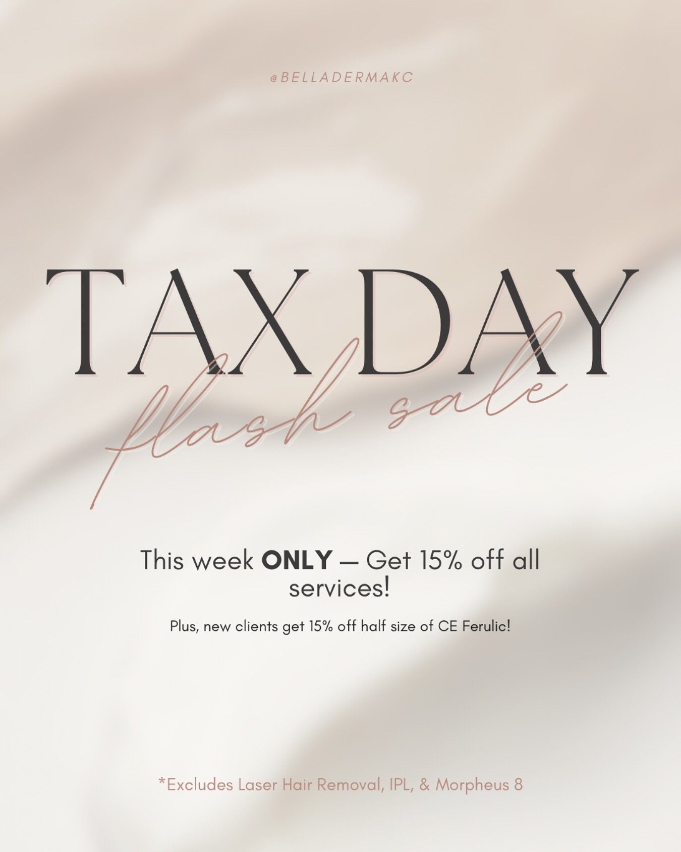 We are EXTENDING our Tax Day flash SALE! ππΌπ«ΆπΌ Monday-Friday, get 15% all services (excludes Laser Hair Removal, IPL & Morpheus 8)!
*Must book a new appointment to receive offer
#medspasale #medspa #medicalspa #flashsale #extendedoffe
