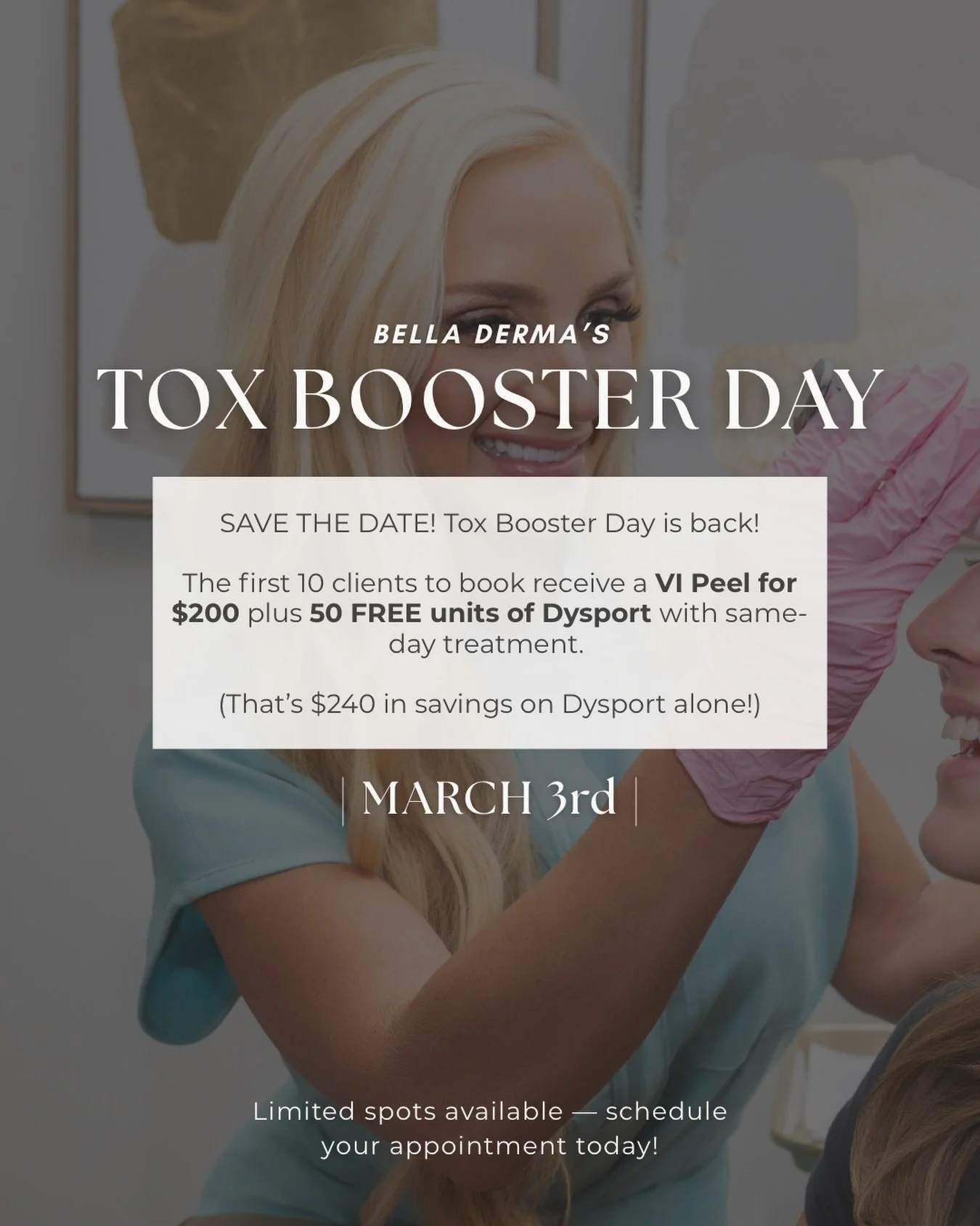 Fun fact:&nbsp;Your neurotoxin results can be boosted by up to&nbsp;30%&nbsp;when you stack it with a VI Peel!&nbsp;

So&hellip;join us for&nbsp;Toxbooster&nbsp;Day on March 3rd! 💉✨⁠ The&nbsp;first 10 to book&nbsp;get&nbsp;50 FREE units of Dysport&n