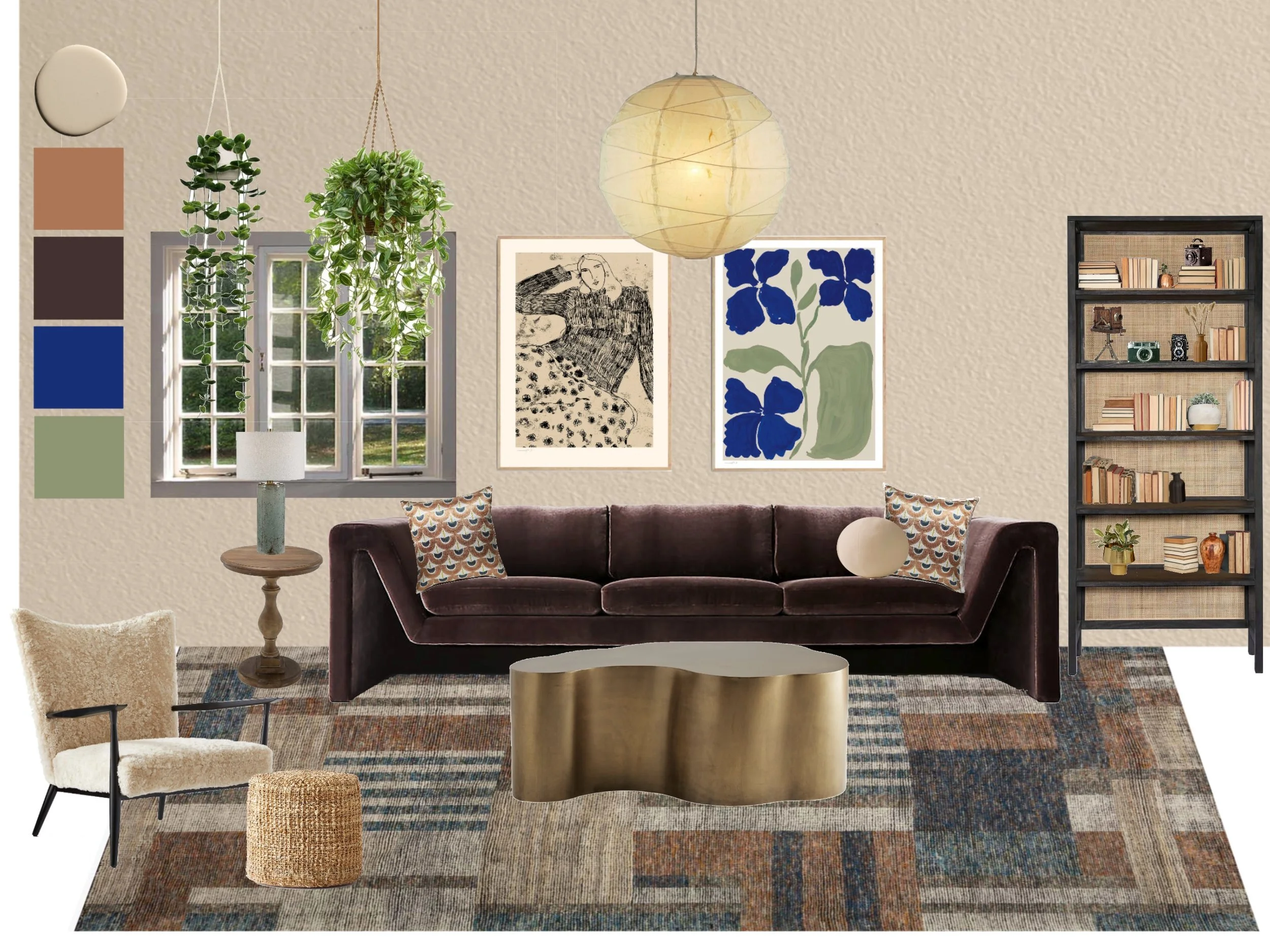 Living room with a large window, hanging plants, framed artwork, a dark purple velvet sofa with patterned pillows, a brass coffee table, a beige armchair, a round side table with a lamp, a textured area rug, and a tall black bookshelf with decor and