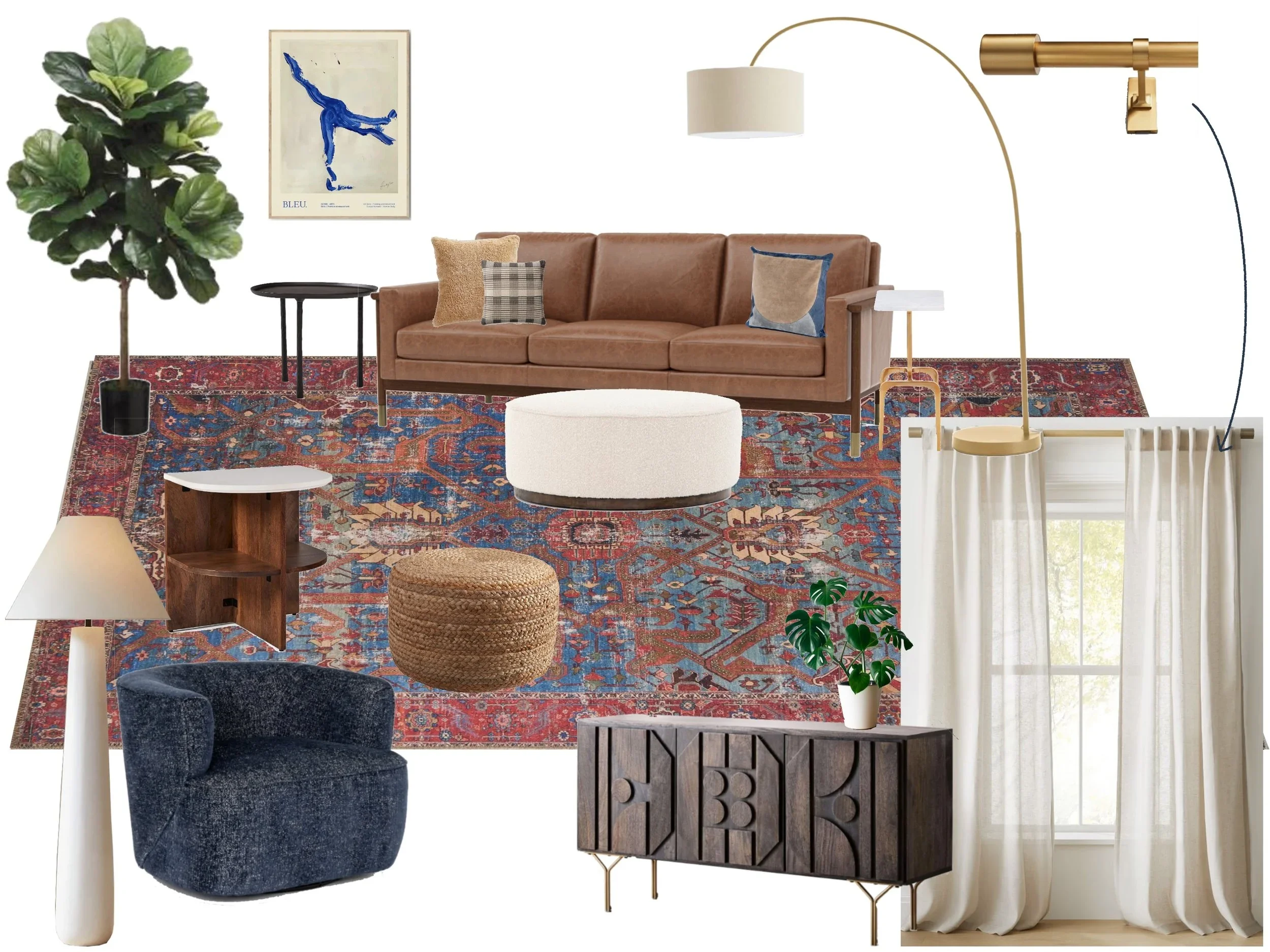 Living room interior with a large patterned rug, brown leather sofa with cushions, blue armchair, wooden side table, white ottoman, woven pouf, plants, framed artwork, standing lamp, wall-mounted light, side cabinet, and window with curtains.