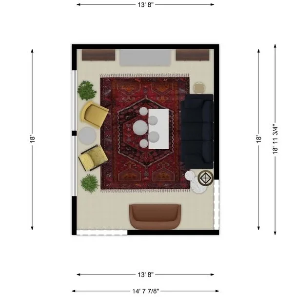 Floor plan of a living room with dimensions 13'8" by 18'. Features include a black sofa, a brown armchair, a yellow armchair, a small white table, a patterned area rug, and a circular side table with a decorative object. There are also two potted pla