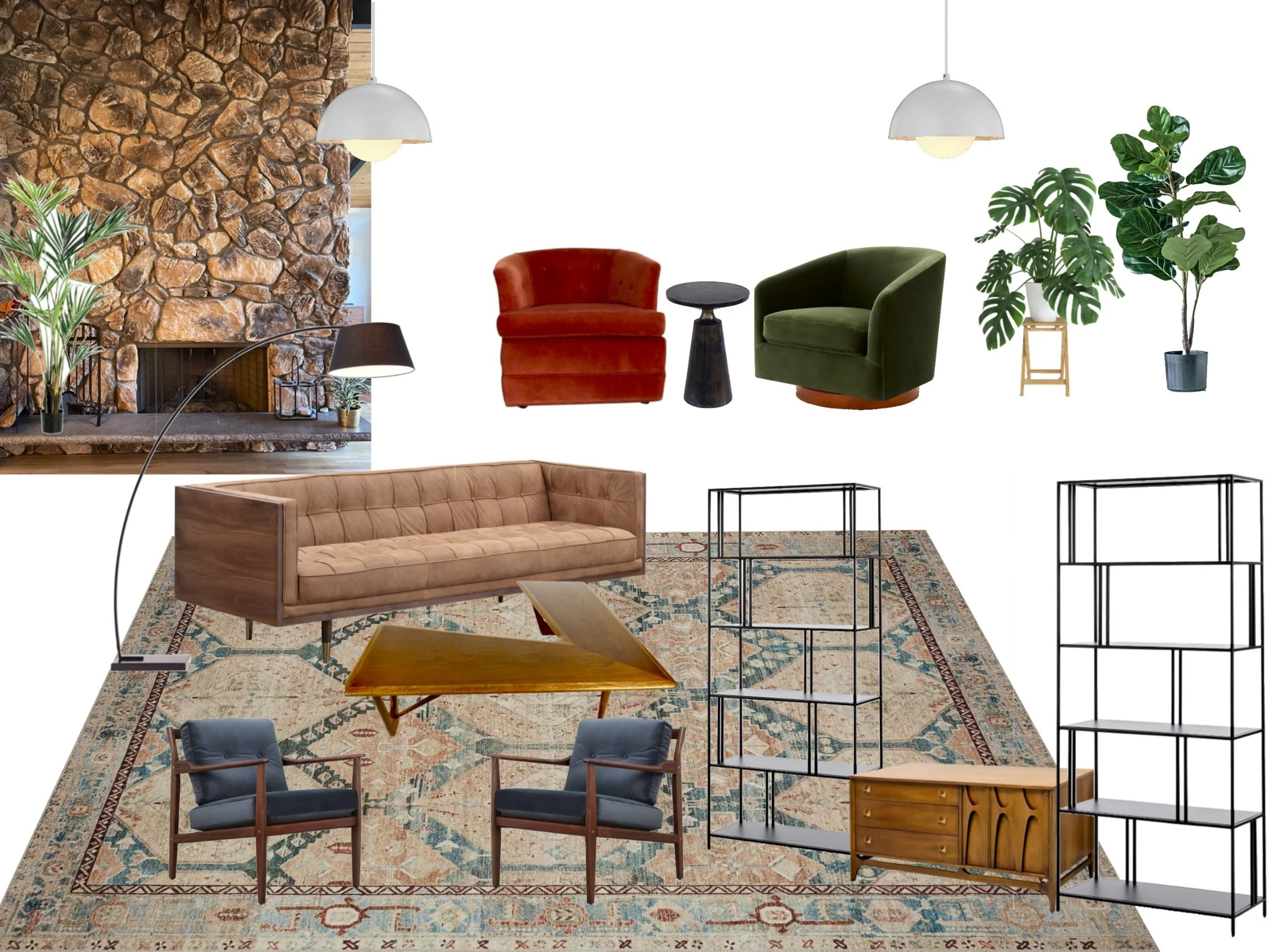 Image of a living room setup with a stone fireplace, several green and red armchairs, a large tan sofa, a wooden coffee table, two black metal shelving units, a wooden sideboard, and a rug, with some indoor plants and a floor lamp.