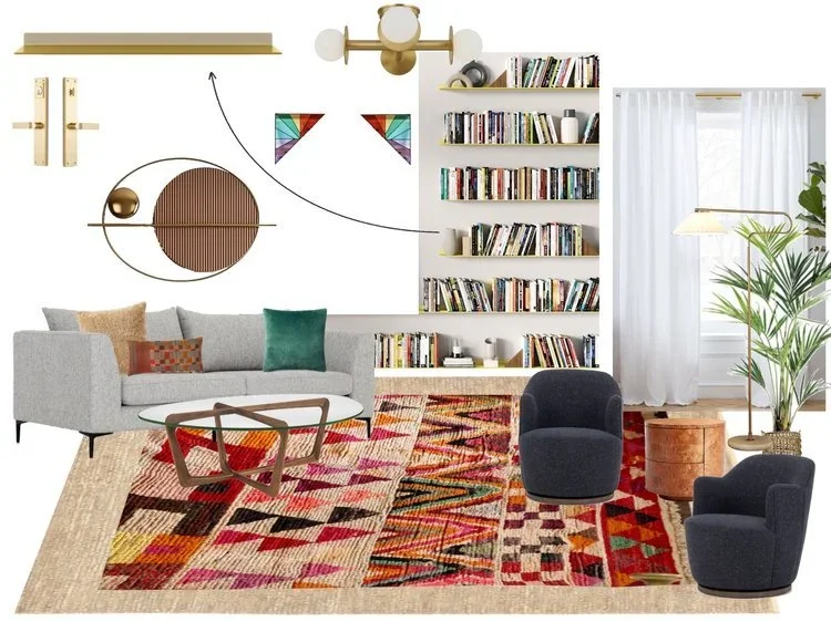 Modern living room with a gray sofa, a black armchair, colorful geometric rug, white bookshelf filled with books, large window with white curtains, floor lamp, large potted plant, and decorative wall art.