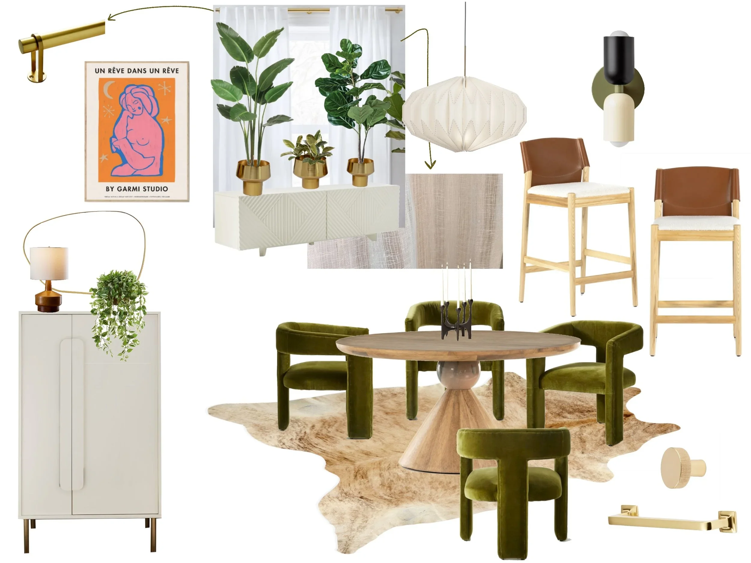 Collage of various interior decor items including a round dining table with four green velvet chairs, a white sideboard with a table lamp and hanging plant, framed wall art, potted plants on a white cabinet, pendant lights, and bar stools with leathe