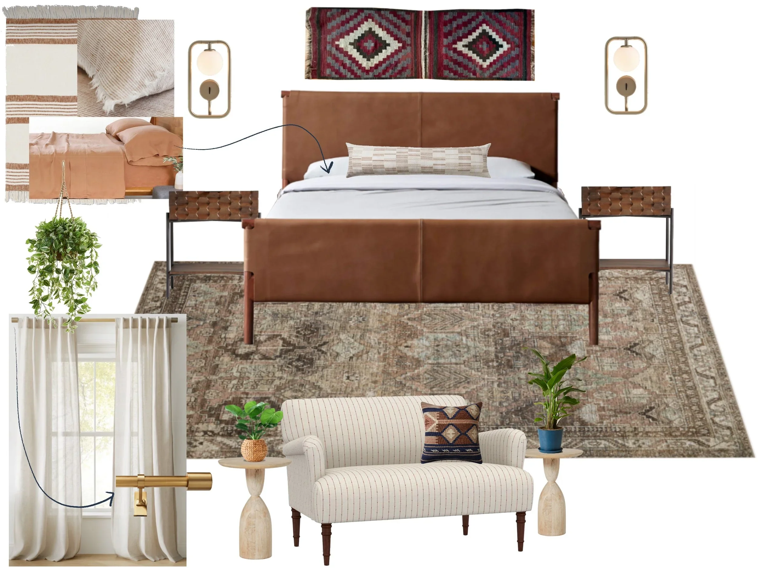 Decorative bedroom scene with a bed featuring brown leather headboard, two nightstands, patterned wall hanging, vintage rug, white armchair with striped pillow, potted plants, a set of beige curtains, wall lamps, and a secondary cot or daybed with pe