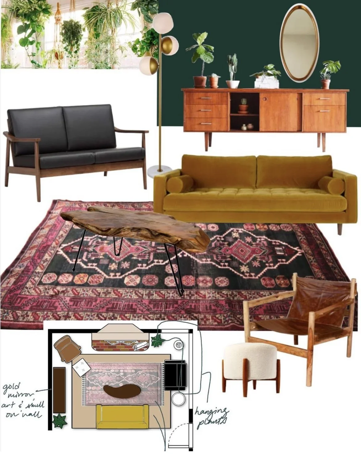 A living room with mid-century modern furniture, including a black leather sofa, a mustard yellow velvet sofa, a wooden armchair, and a small beige ottoman. There is a wooden coffee table with a natural, irregular shape. A large, patterned area rug c