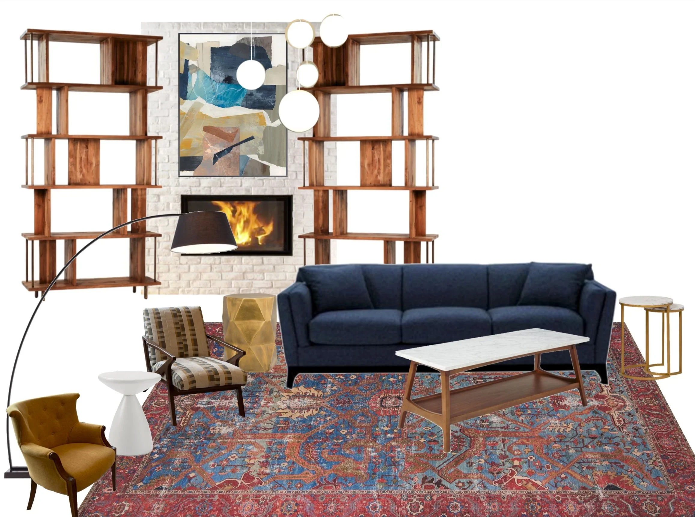 Living room with a brick fireplace, built-in wooden shelves, abstract wall art, round pendant lights, blue sofa, patterned chairs, side tables, a large oriental rug, and a modern lamp.