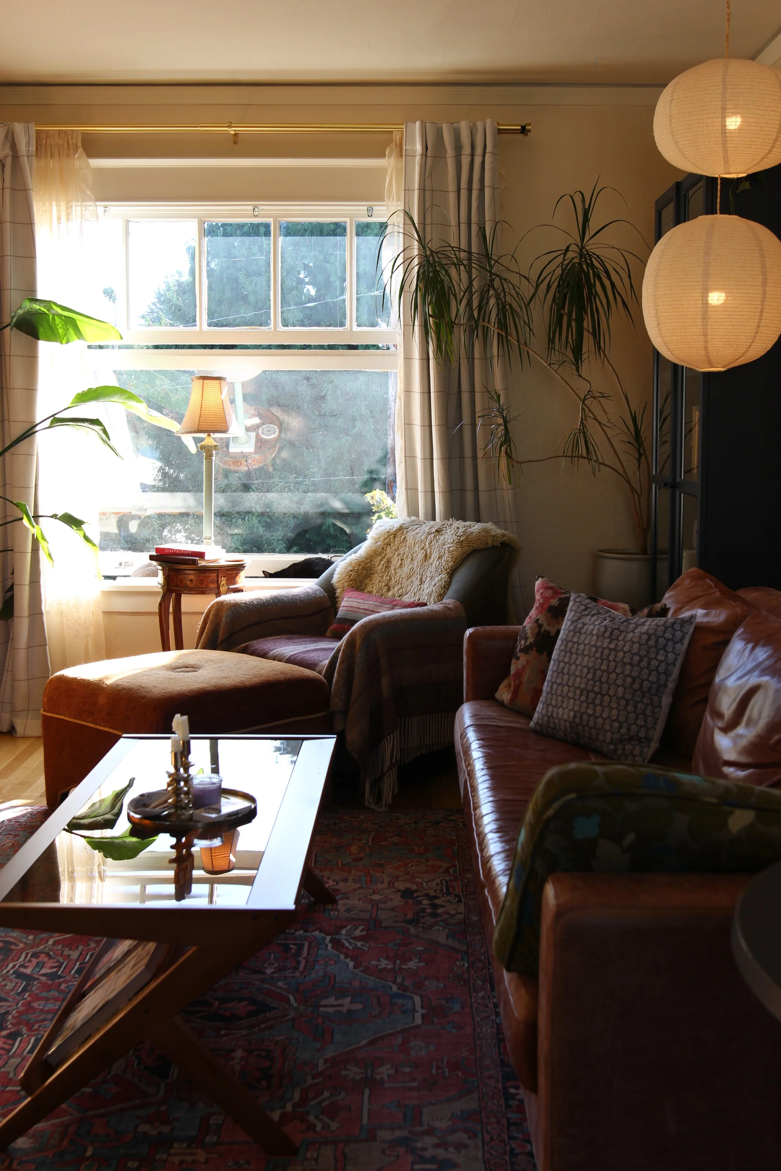 A cozy living room with sunlight streaming through a window, featuring a leather sofa with patterned pillows, a glass coffee table, a plush ottoman, a side table with a lamp, and decorative plants.