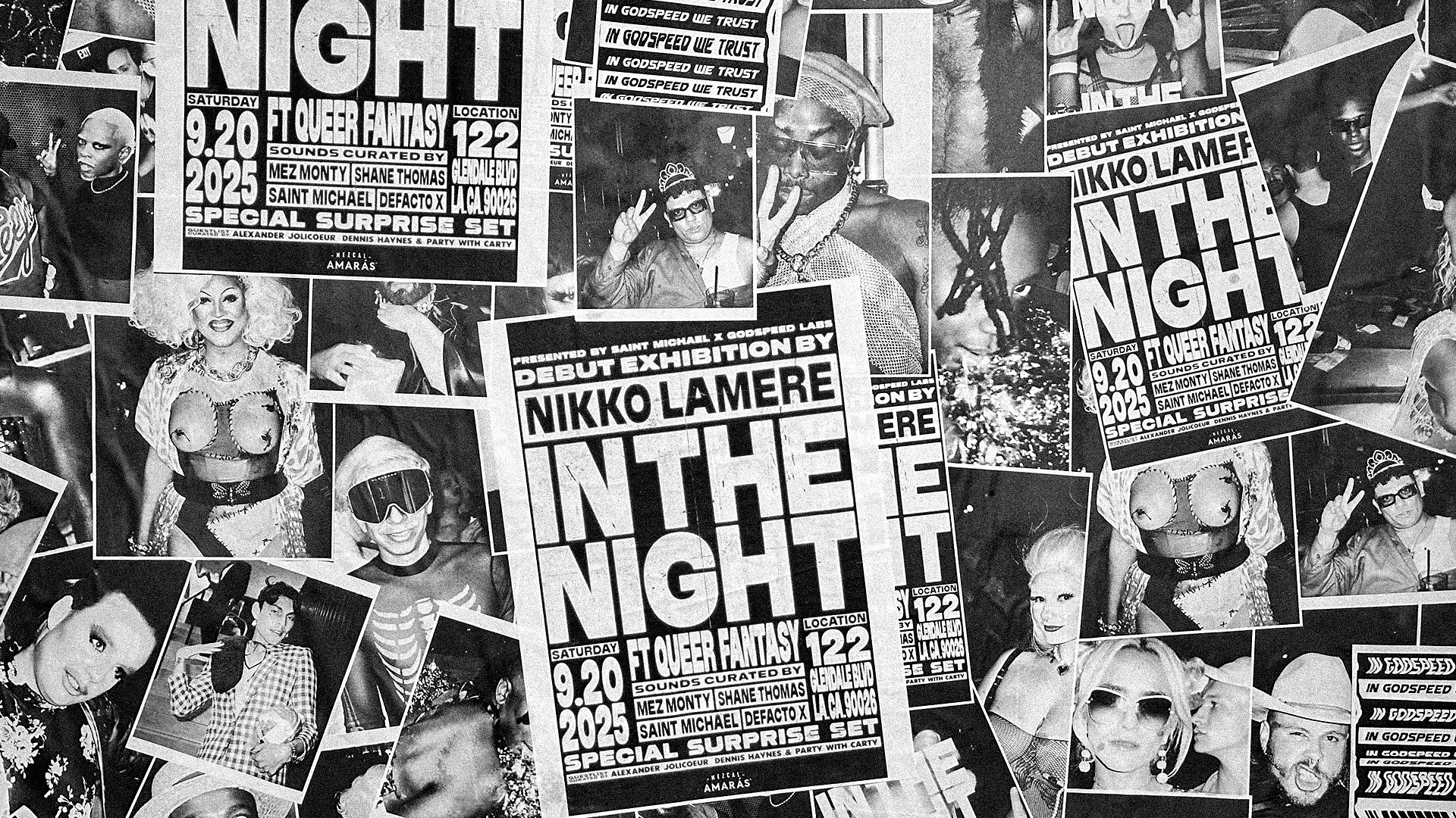 Collage of black and white photos and flyers advertising an event called 'In the Night,' featuring various people in costumes, with event details listed.