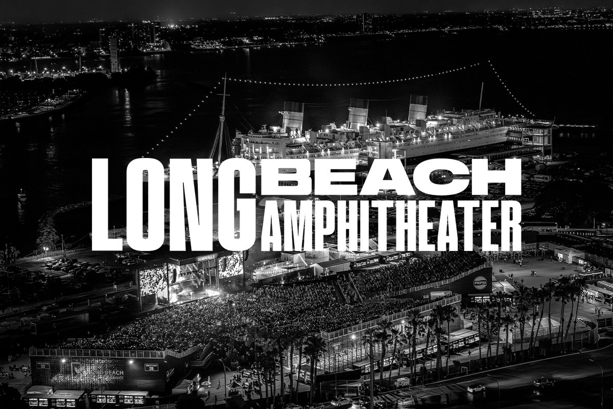 Nighttime aerial view of Long Beach Amphitheater with a boat docked at the pier and the moon in the sky. Overlay text reads "Long Beach Amphitheater."