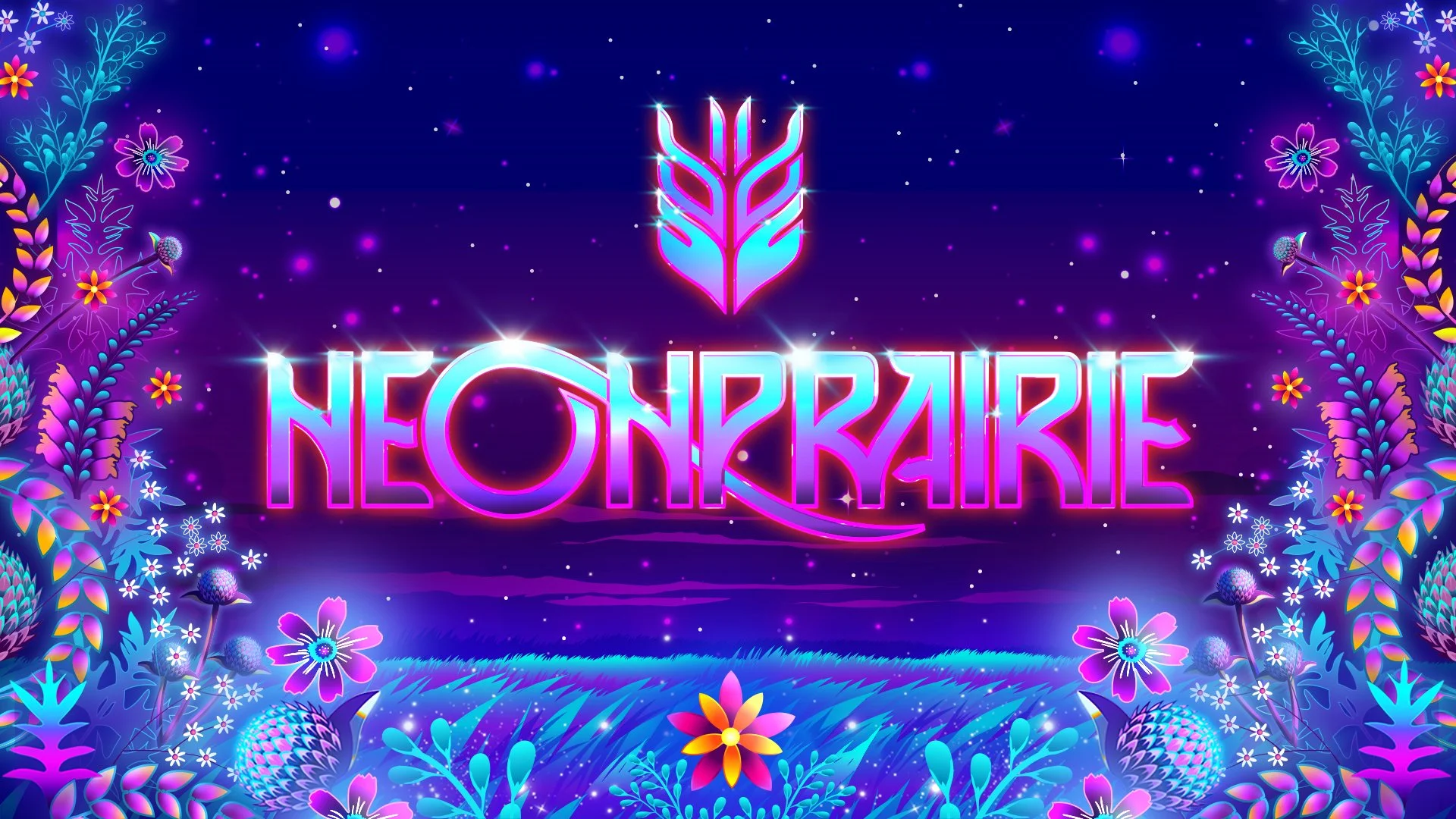 A vibrant neon-style digital artwork with the word 'NEON PRINCE' in bright pink and blue lettering, surrounded by colorful glowing flowers, plants, and stars against a dark starry background.