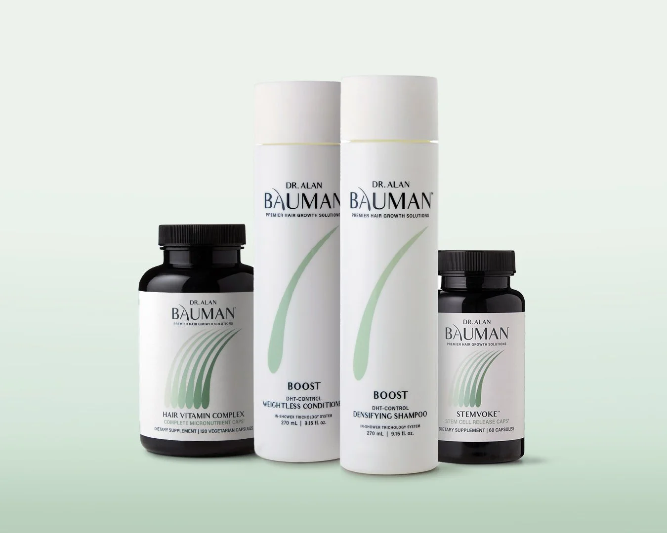 Collection of Dr. Alan Bauman hair growth products, including a Hair Vitamin Complex, Densifying Shampoo, and Boost supplements, with white and black bottles against a light background.