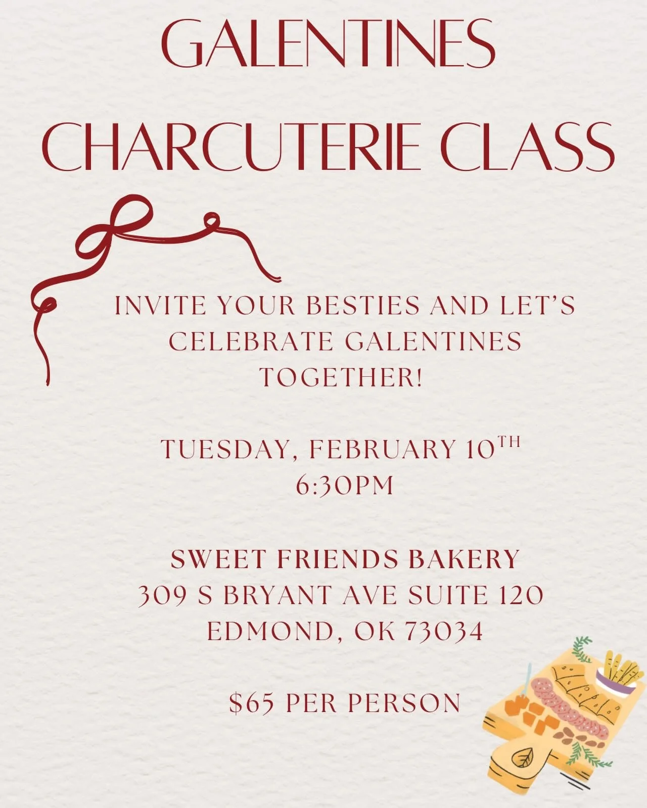 Join us for a fun and interactive Galentine&rsquo;s charcuterie class @sweetfriendsbakery_edmond ! Learn some fun charcuterie skills such as cutting and arranging assorted cheeses and making a salami rose while sipping on your favorite latte! Drinks 