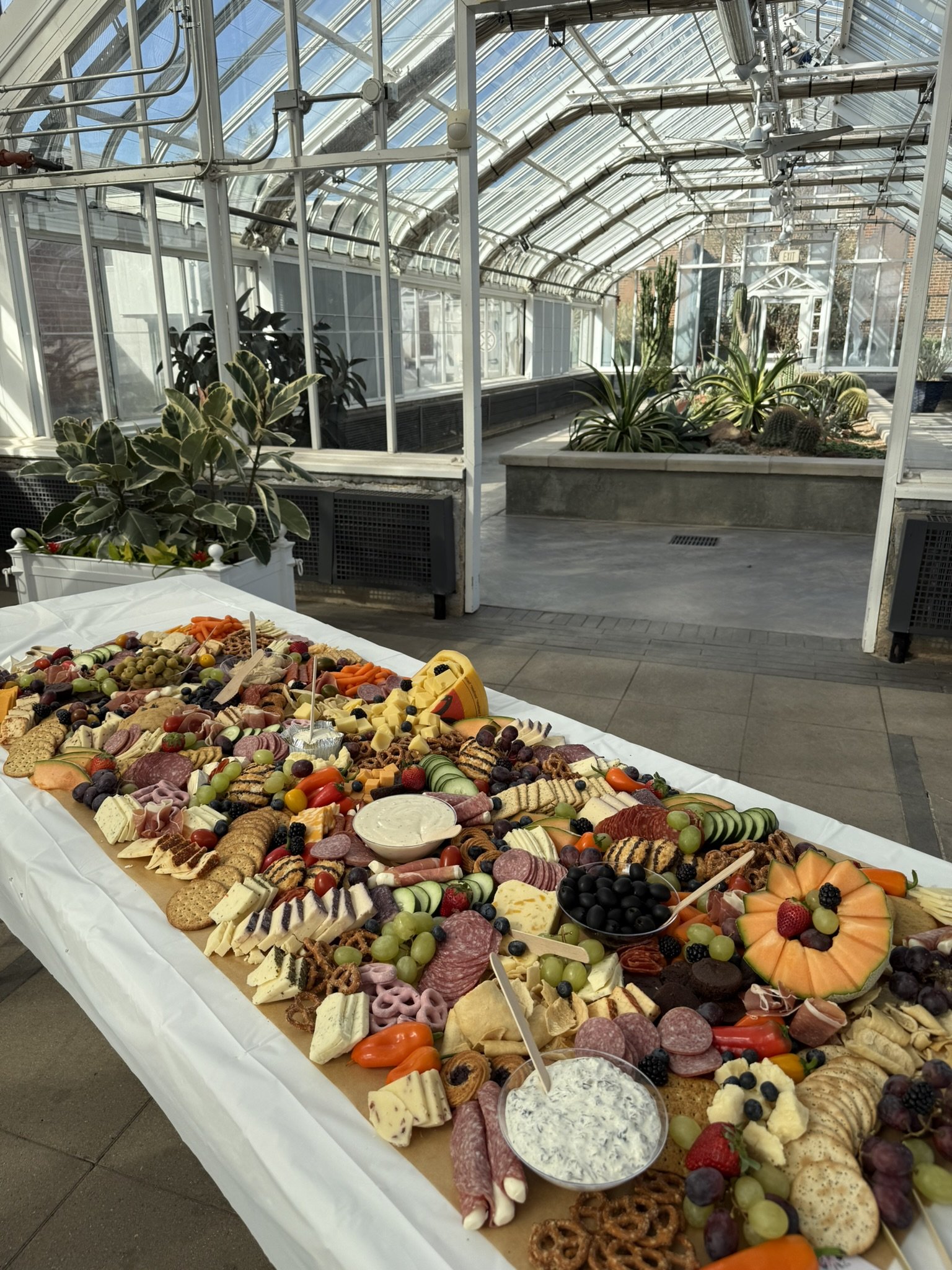 A long table filled with assorted cheeses, sliced meats, fruits, nuts, and crackers, set in a greenhouse with plants and glass walls.