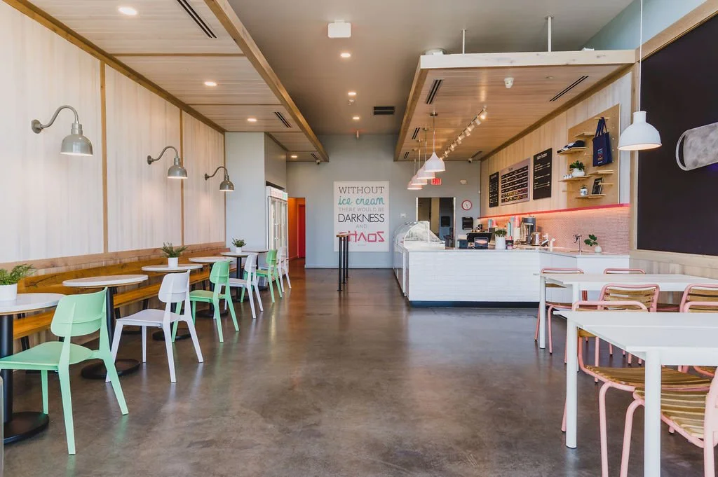 Architectural and interior photography of Gelati Celesti, showcasing its bright design, playful colors, and inviting atmosphere that reflect the shop’s handcrafted ice cream experience.