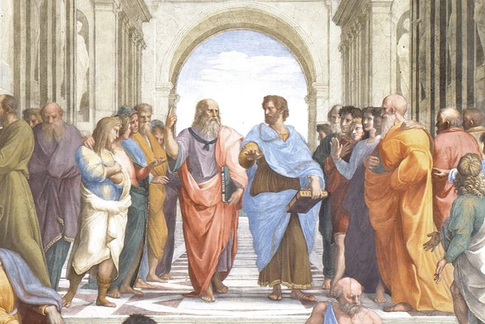The School of Athens painting by Raphael depicting ancient philosophers in a grand architectural setting.