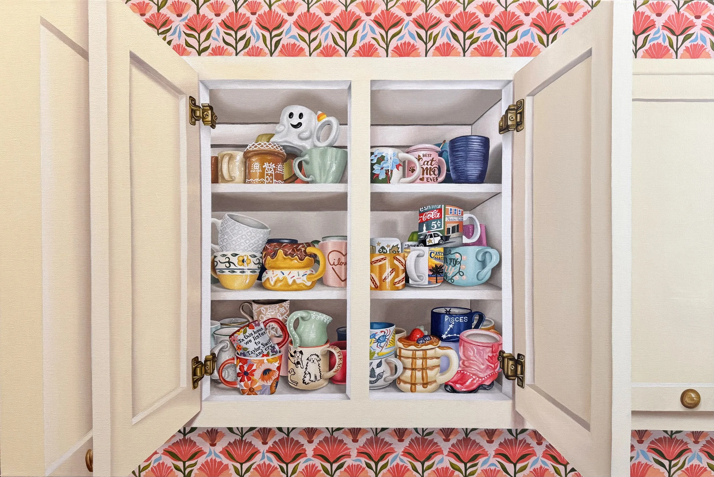 "I Got Another Mug. Do I Need It? No. Does It Bring Me Joy? Yes, Mind Your Business." 2026, oil on canvas, 24" x 36"