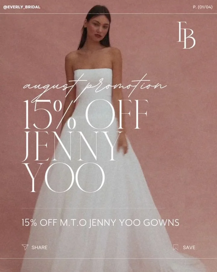 The biggest Jenny Yoo moment of the year is here 🤍✨ #AugustPromotion

If you've been waiting for your sign... this👏is👏it👏

For the entire month of August, say YES to a Made-to-Order Jenny Yoo wedding gown and receive 15% OFF 🥂

Think effortlessl